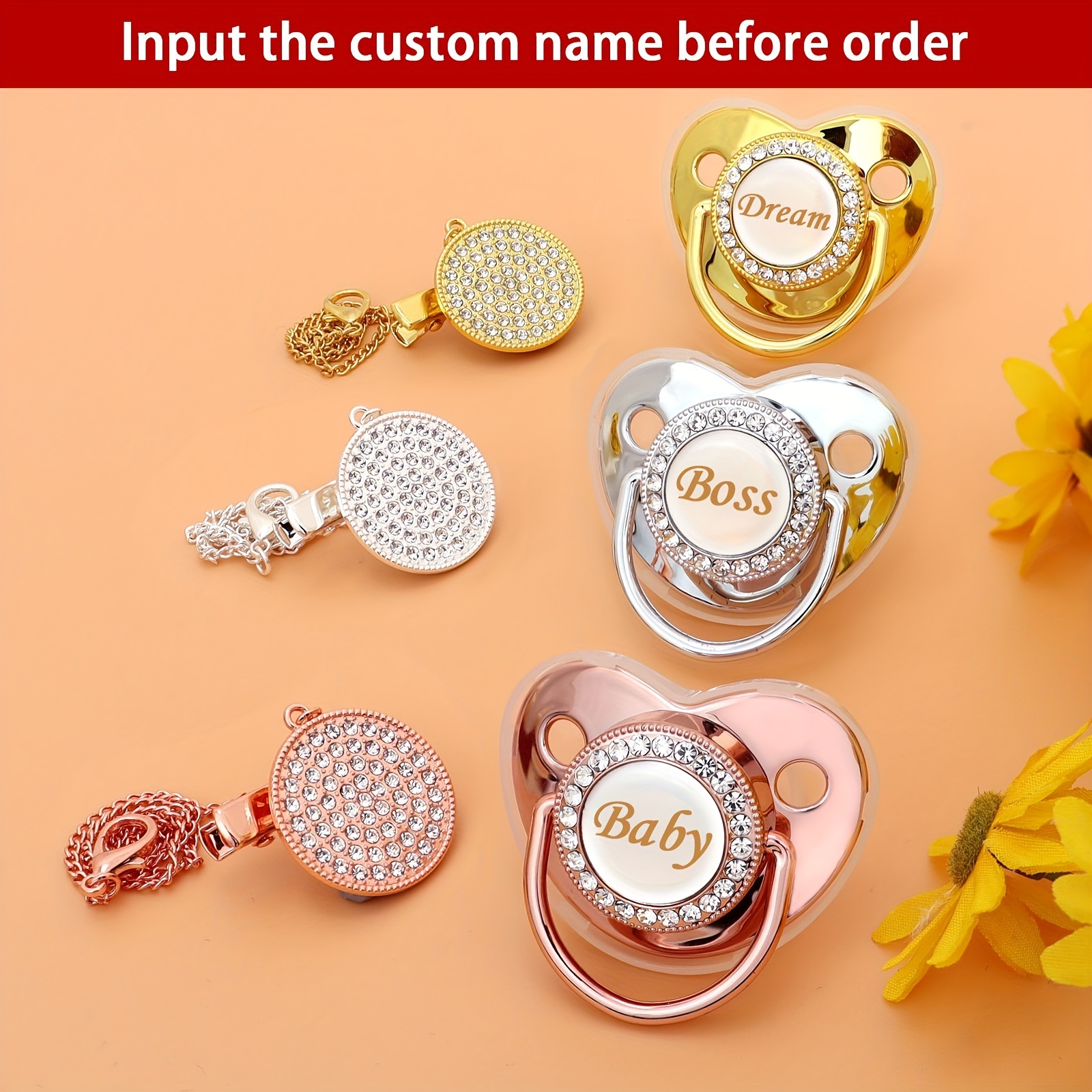 Personalized Pacifier and Pacifier Clip with Name and Photo Bling Gold  Pacifier Clip Set with Gift Box Glitter Crystal Luxurious Dummy Ideal Gift  for Girl Baby Shower Newborn Photography(Silver)
