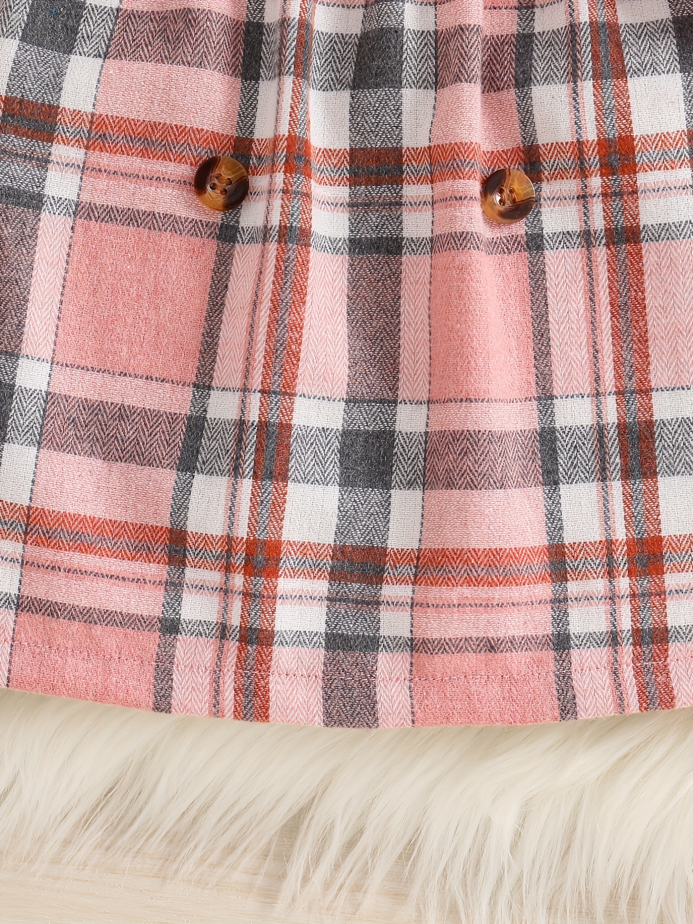 Girl's Ribbed Long Sleeve Top & Plaid Skirt Set Button Decor Outfit