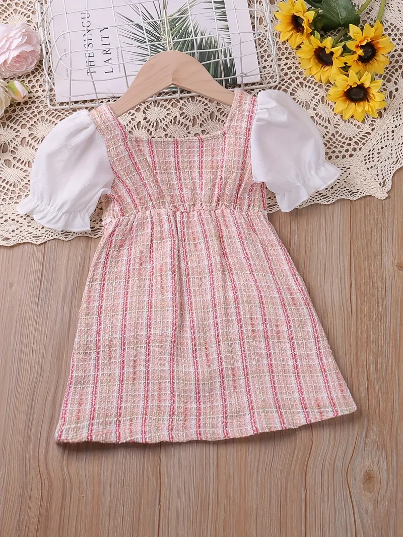 girls elegant pearl button plaid patchwork princess dress for party beach vacation kids summer clothes details 5