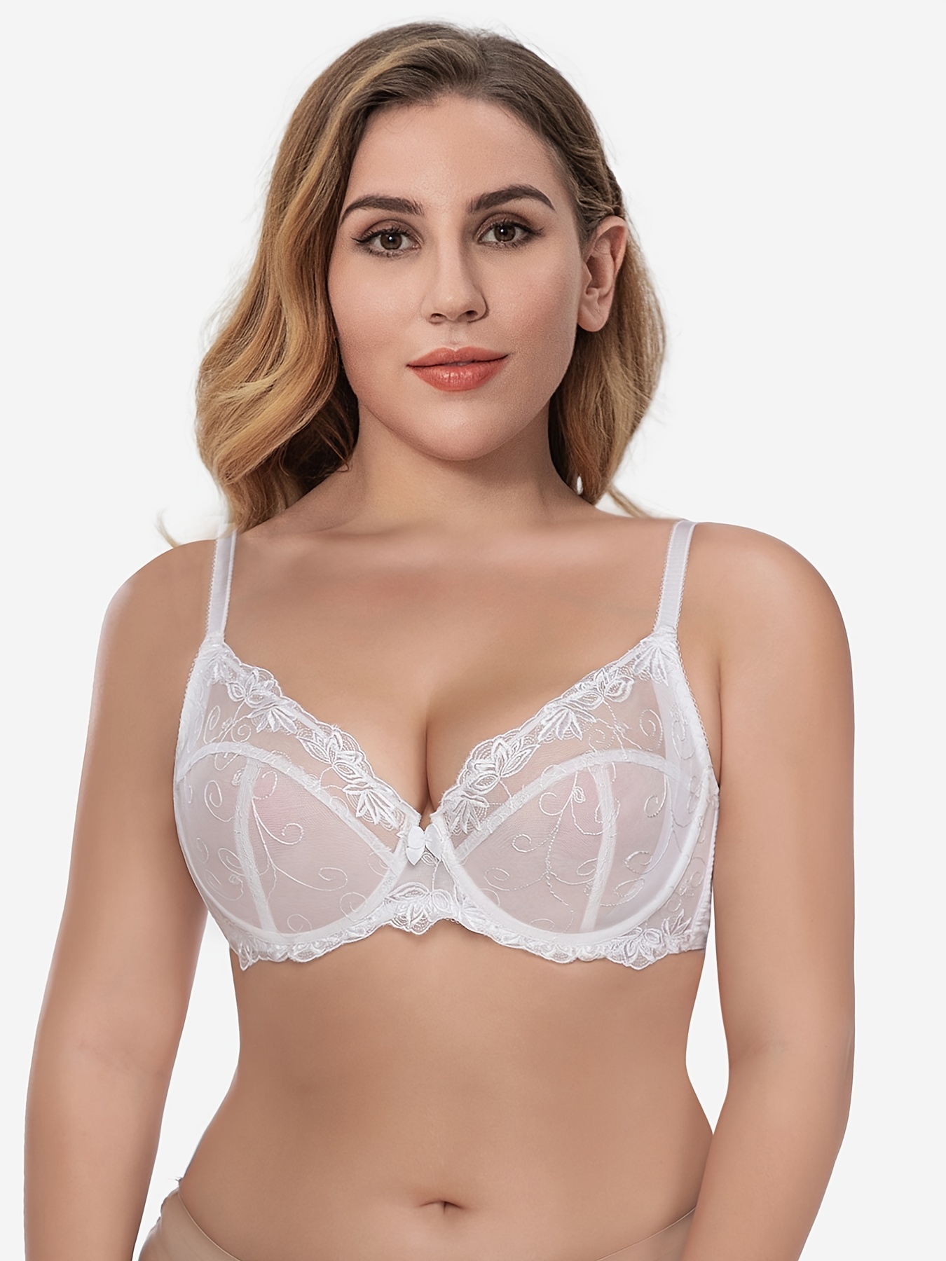 Plus Size Floral Embroidered Semi Sheer Bra Panty Sexy - Temu France