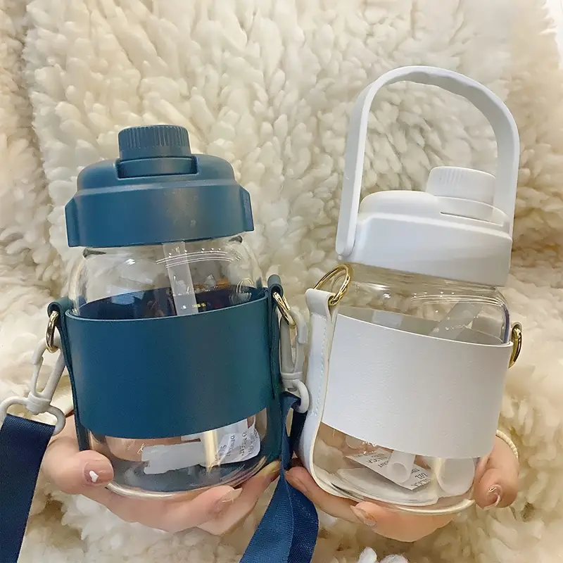 Glass Water Bottles, Clear Cute Water Bottles With Straw Strap