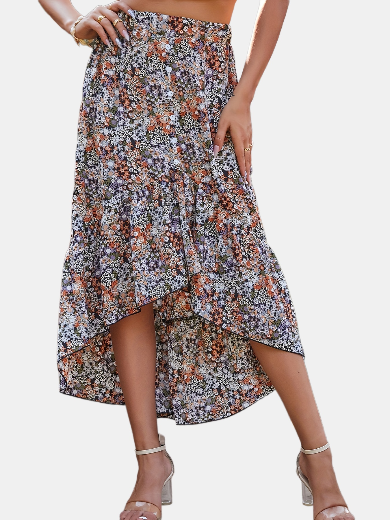 Boho Floral Print Ruffle Hem Skirt, Low High Skirt For Spring & Summer ...