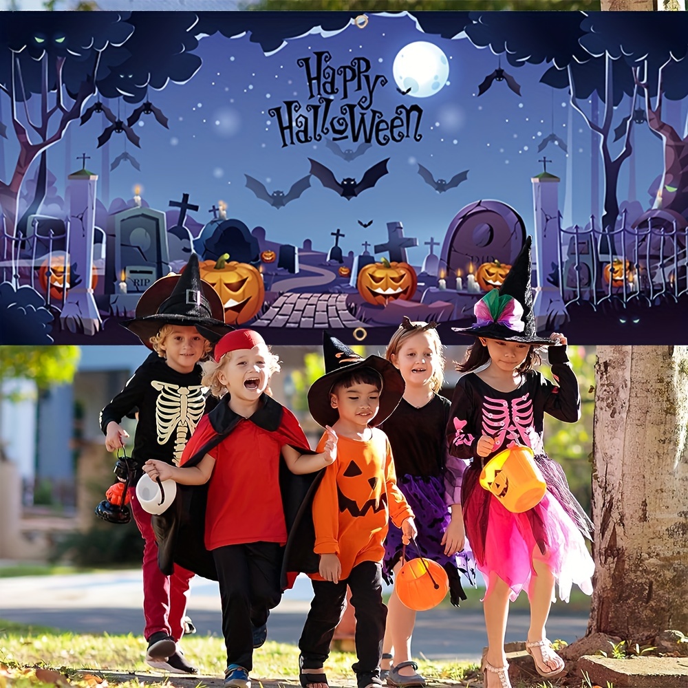 1pcs happy halloween garage banner 157in 71in 400cm 180cm scary graveyard pumpkin pattern garage door decoration polyester with holes with rope hanging cloth mural door decoration for indoor outdoor yard holiday party backdrop arrangement details 6