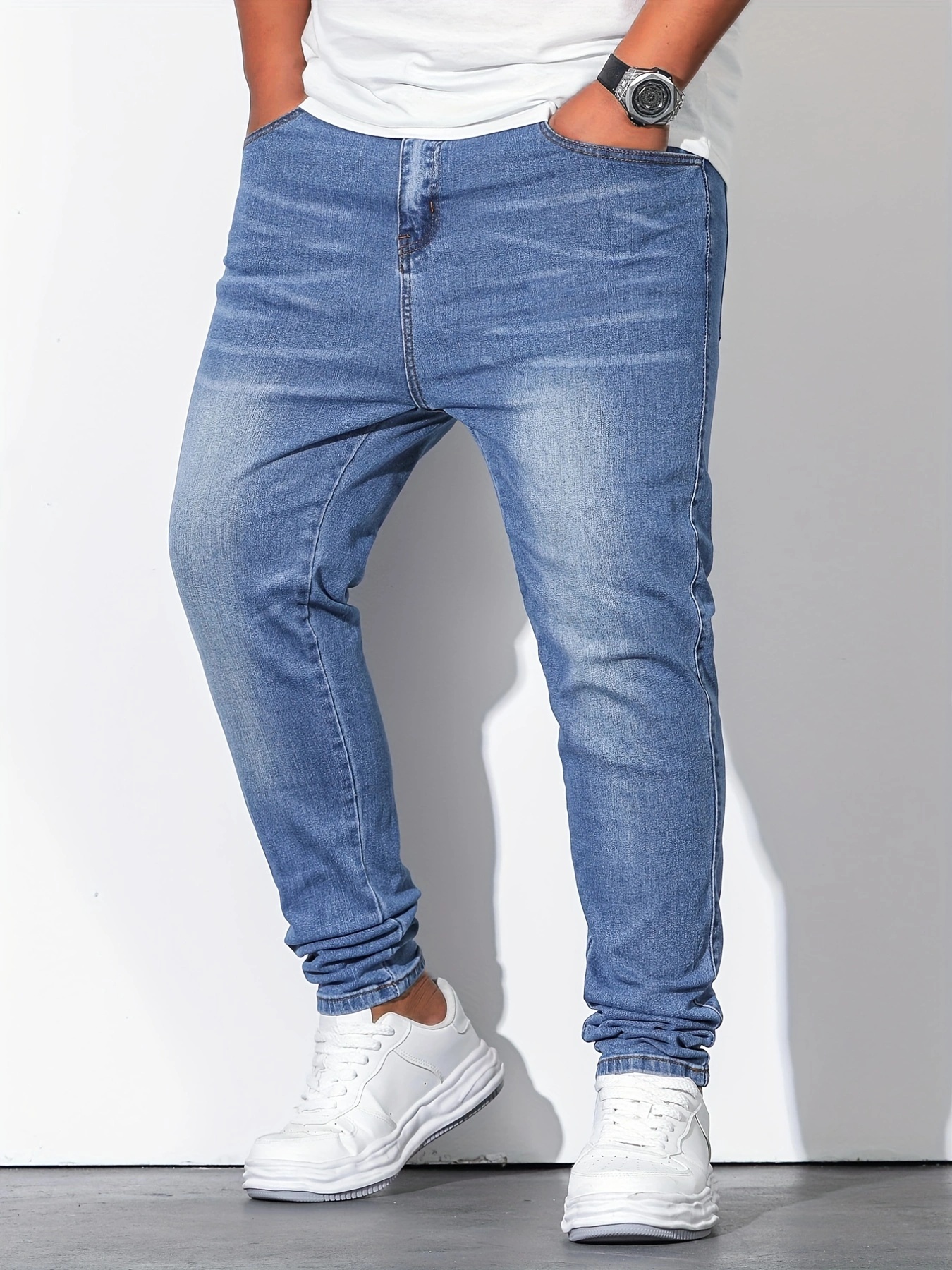 Plus Size Men s Skinny Jeans Casual Solid Washed Denim Long Temu