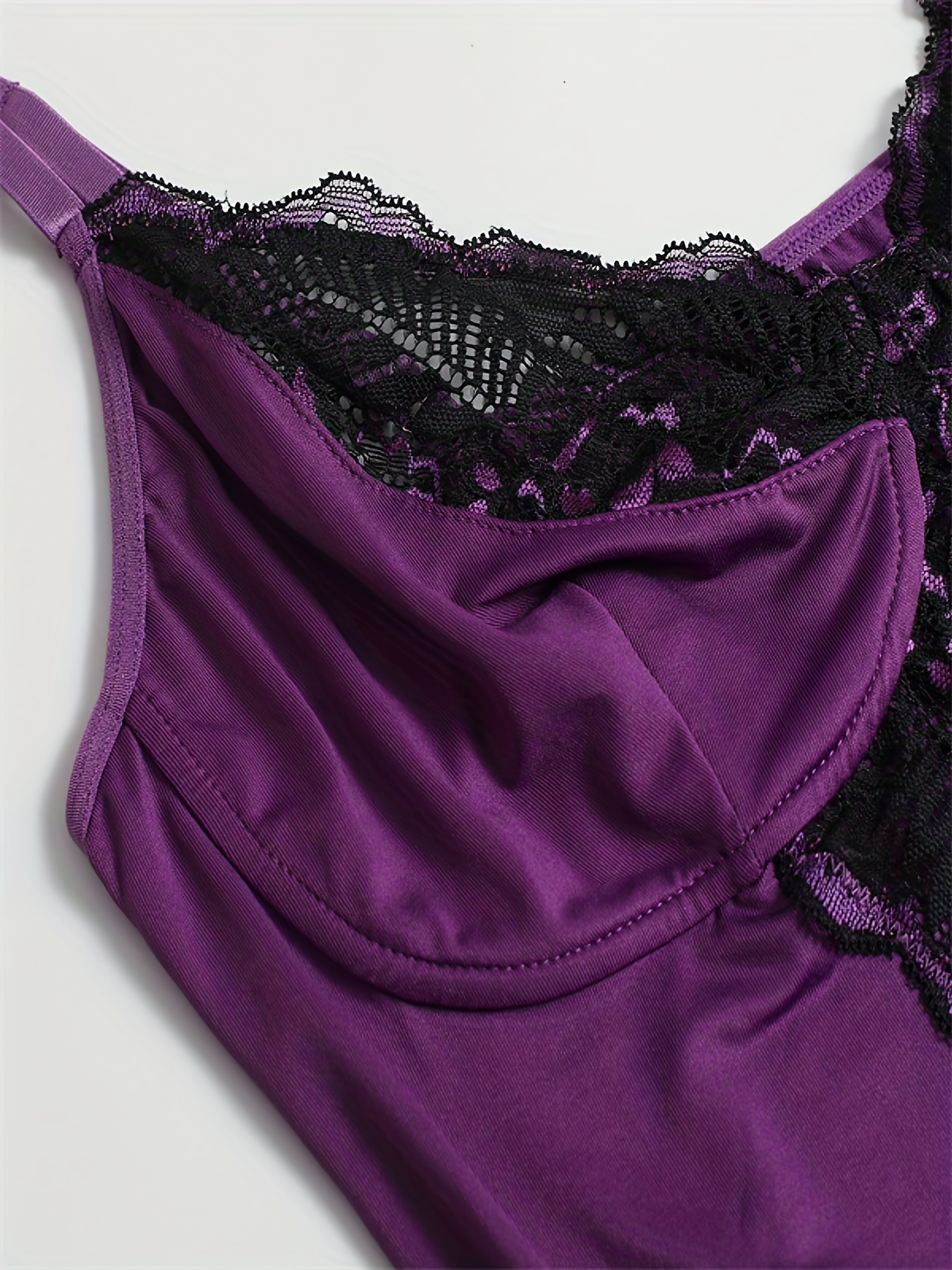 Women's Sexy Lingerie Bodysuit, Plus Size Contrast Lace Tummy Control  Spaghetti Strap Sheer Teddy Bodysuit