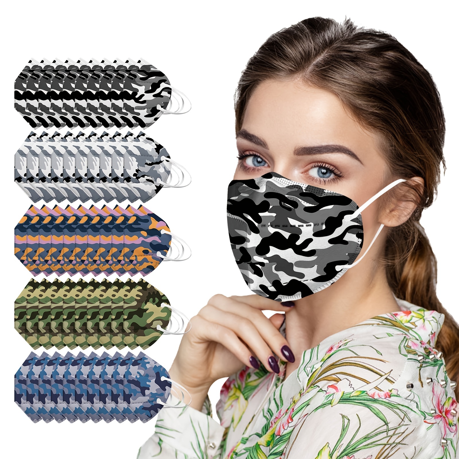 Disposable Face Mask Individually Wrapped 60-Pack, 6 Colors Camo