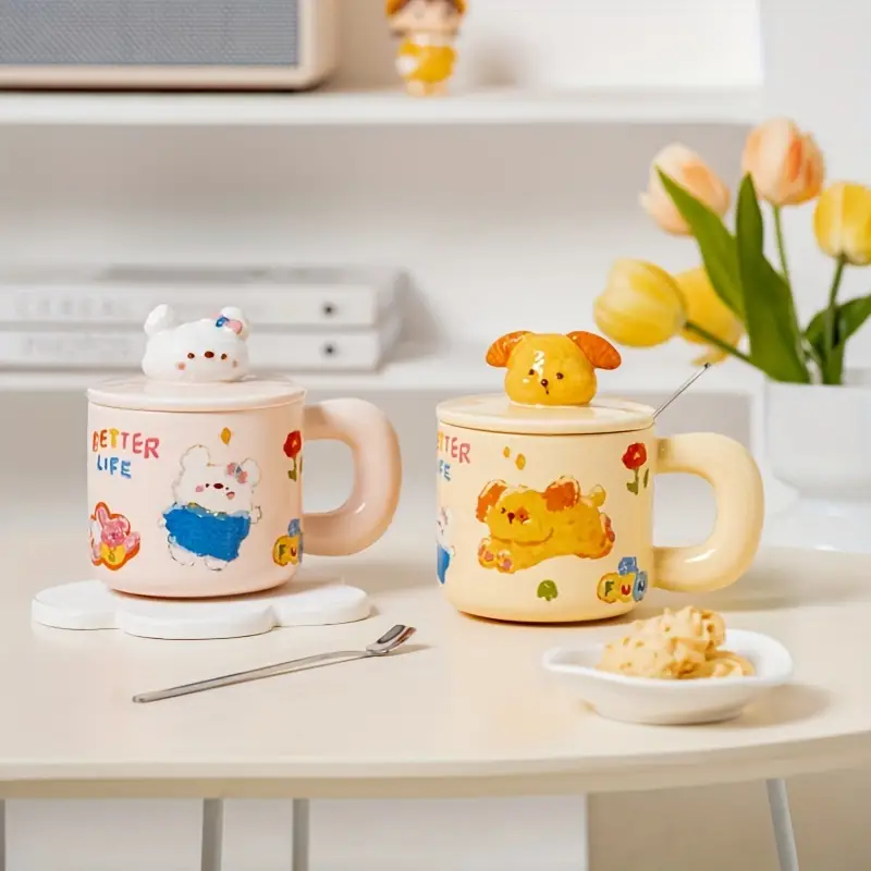 Hand Painted Ceramic Cup Mug Cute Cartoon Bear Milk Cup Summer With Lid  Couple Drinking Cup Wholesale - Temu