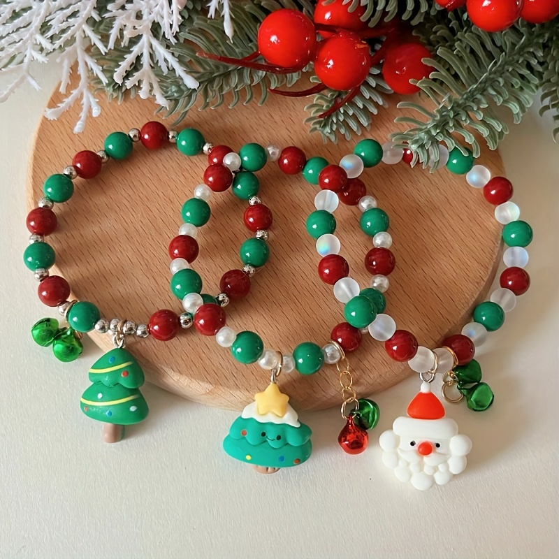 Santa Claus Pendant Beaded Bracelet Set Red Green Soft Clay - Temu