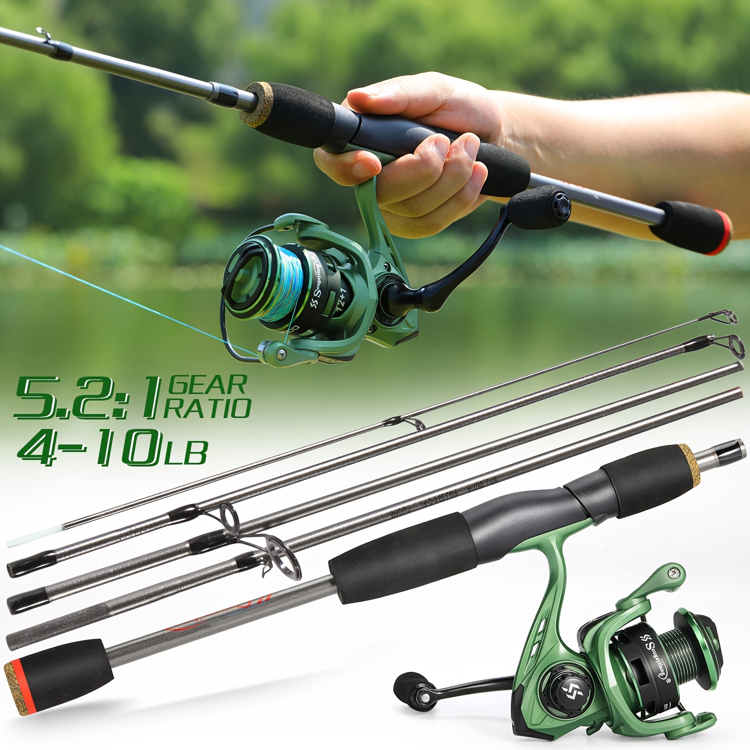 Sougayilang Spinning Fishing Rod And Reel, 5-section Portable Carbon Rod,  12+1 BB 5.2:1 Gear Ratio Spinning Reel, 10 LBS Max Drag, Fishing Set Kit For