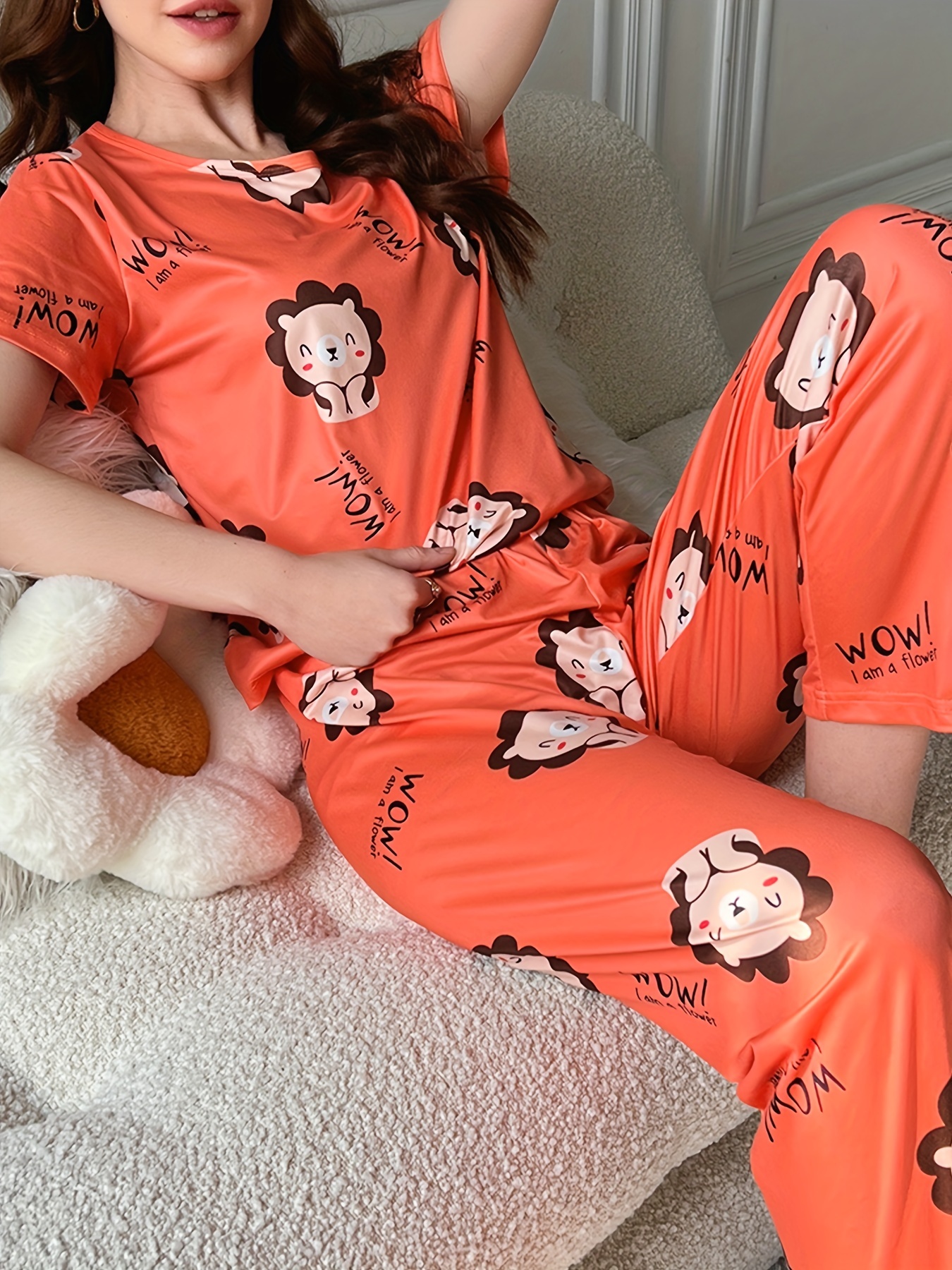 Casual & Comfy Loose Pajamas Set, Cute Cow Print Short Sleeve Tee Top & Cow  Spots Pants, Women's Sleepwear & Loungewear