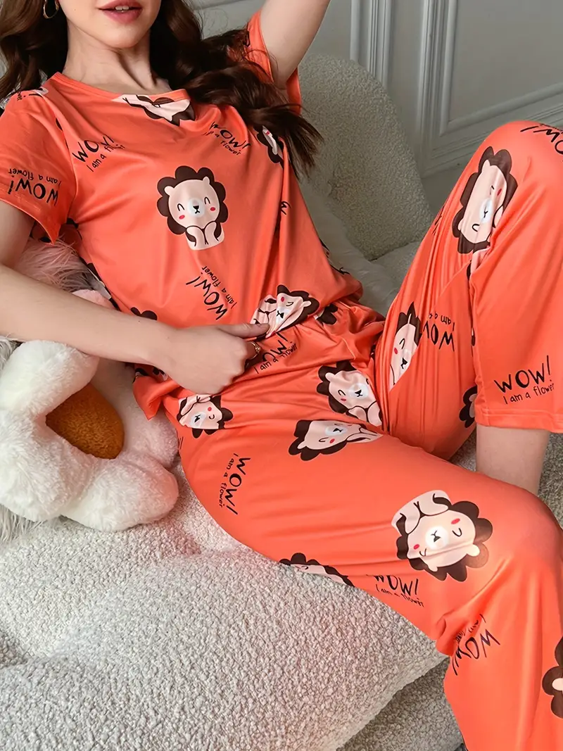 Casual Soft Cute Print Pajama Set, Loose Short Sleeve Tops & Elastic Waist  Pants Set, Women's Sleepwear & Loungewear
