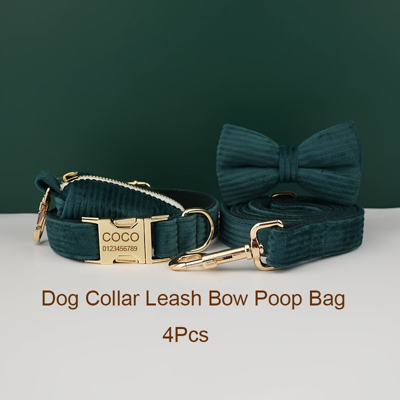 

[customized] Dark Green Corduroy Pet Collar Dog Collar Outdoor Dog Walking Leash Tow Rope Dog Collar Neck Cover, Adjustable Collar With Bow (dark Green Set)