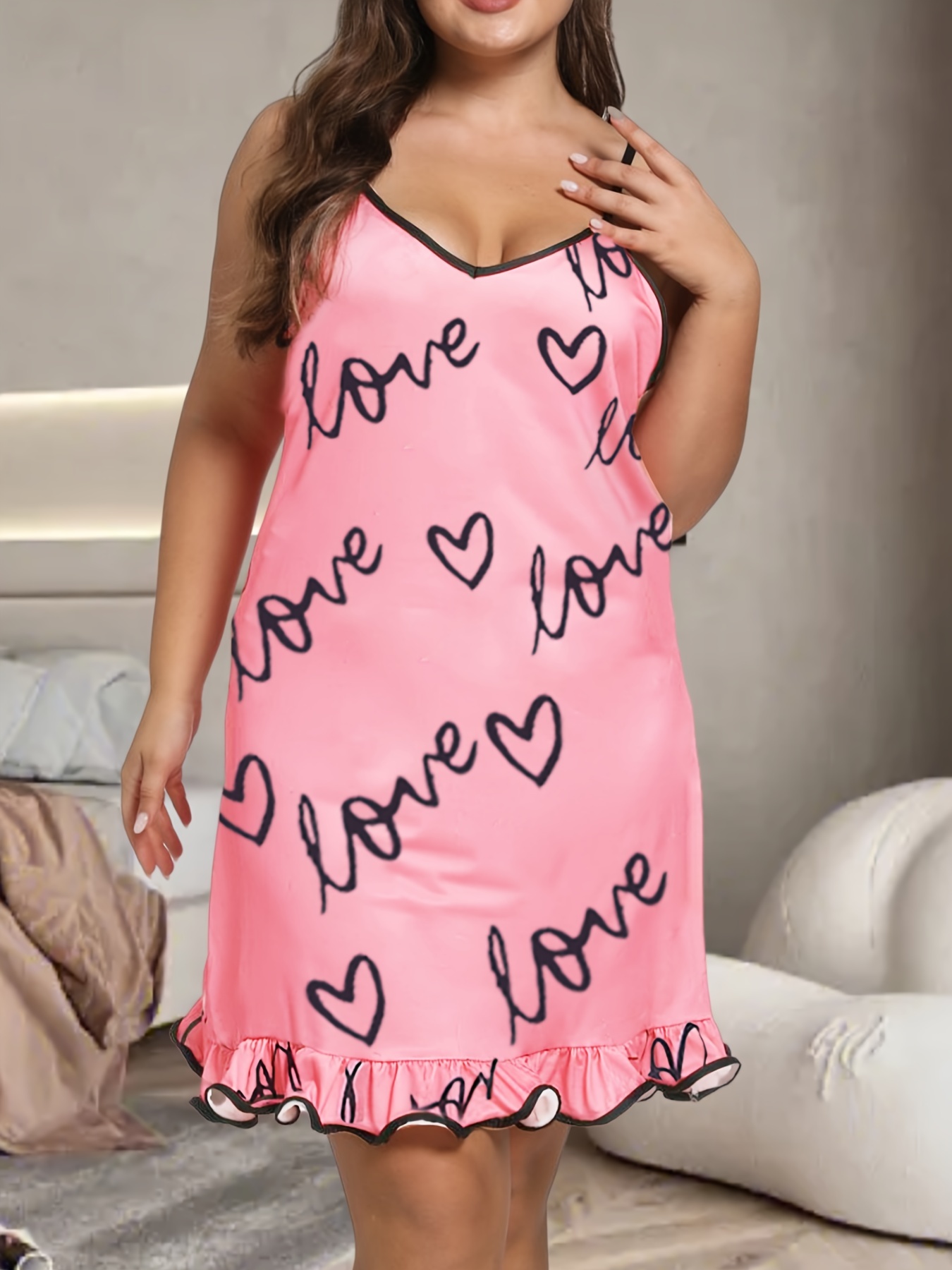 Heart & Letter Print Ruffle Trim Cami Sleep Dress