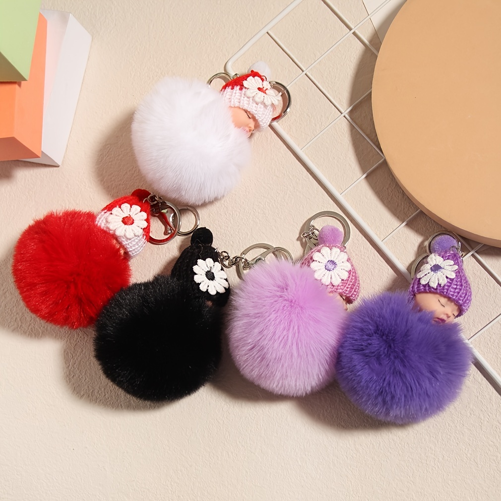 Adorable Sleeping Doll Fluffy Pom Pom Keychain Fur Ball Charm Keyrings Bags  Pendant - Temu