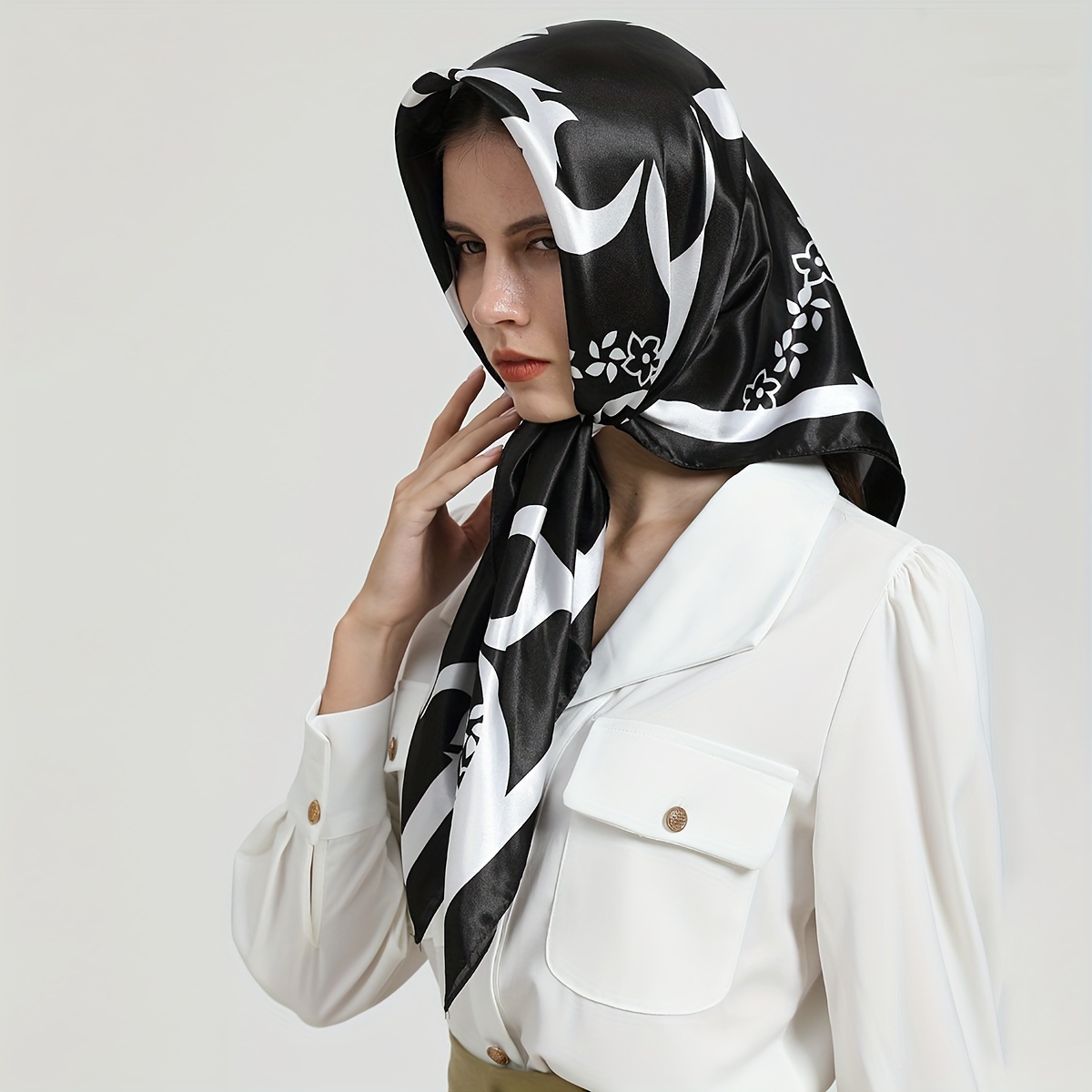 35.4 Black White Flower Print Square Scarf Vintage Silk Feeling Satin Shawl Casual Sunscreen Versatile Headscarf,Temu