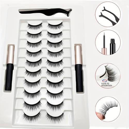 10 pairs magnetic eyelashes reusable false black eyelashes natural look self no magnetic eyelashes with tweezer and 2 pcs magnetic eyeliner liquid