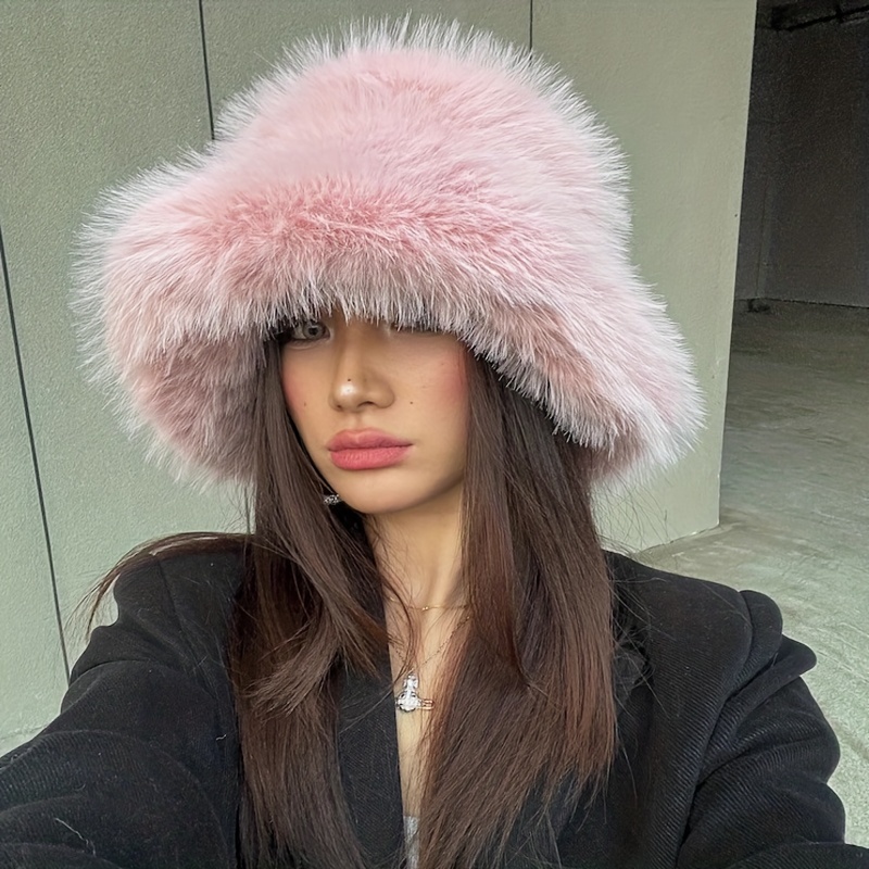 Oversized Fluffy Faux Fur Bucket Hat for Women Trendy Solid Color Warm Thick Plush Basin Hats Winter Coldproof Fisherman Temu