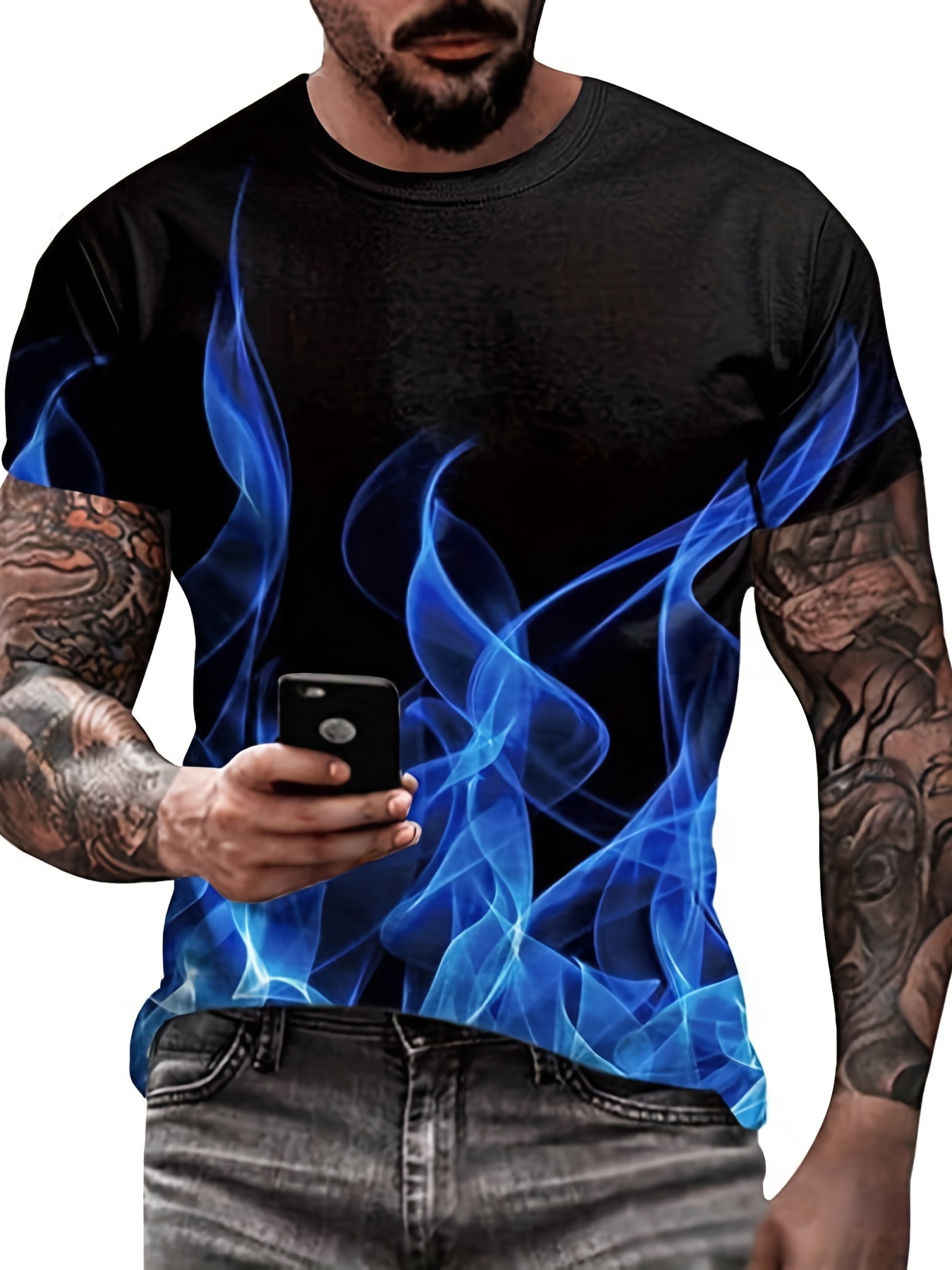 Blue Flame 3d Digital Pattern Print Men's Graphic T shirts - Temu