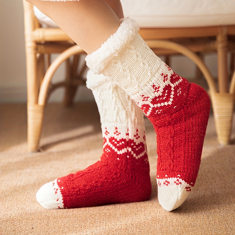 1 Pair Lady Winter Warm Knit Sherpa Lined Slipper Socks Thick Plush Non-slip
