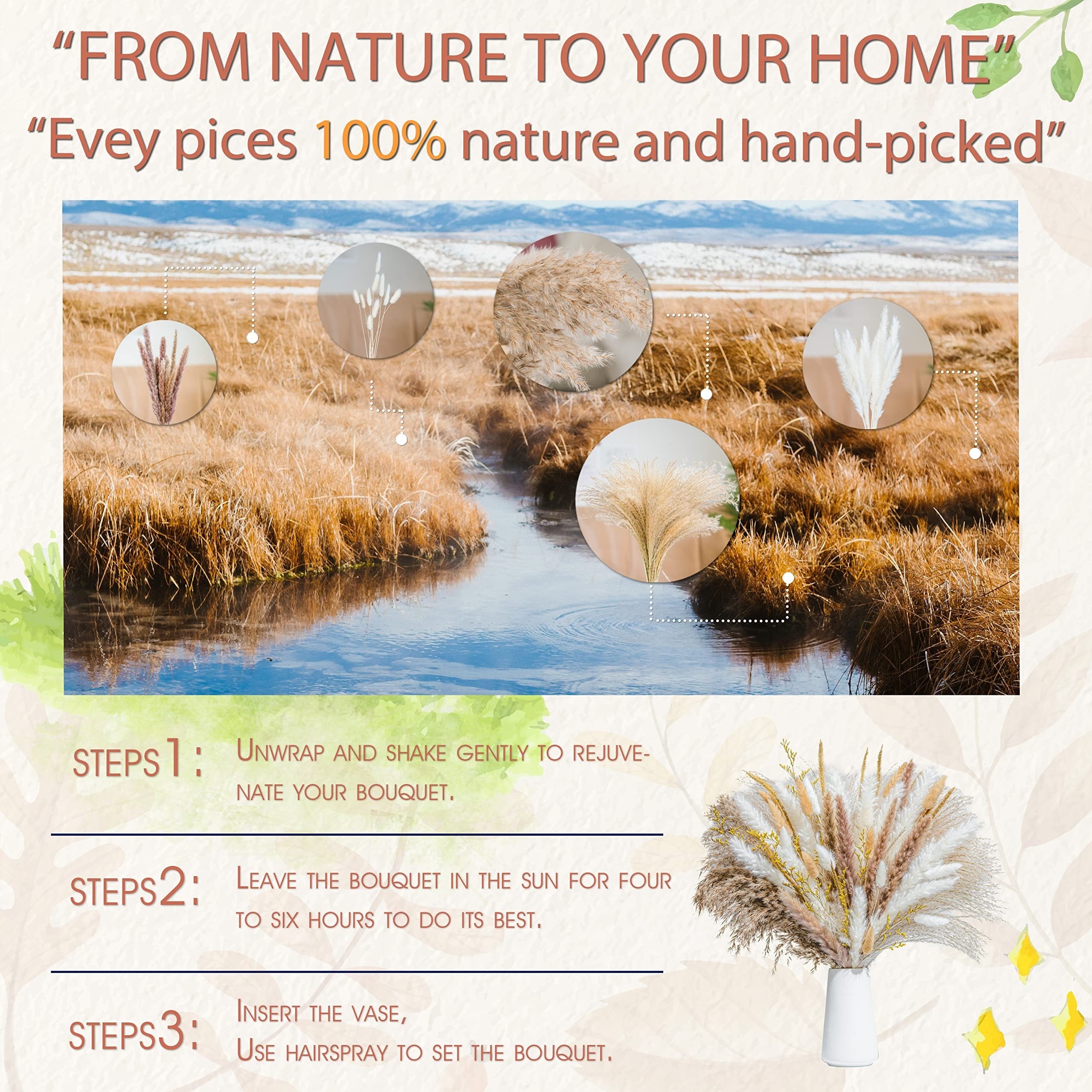  Natural Pampas Grass Mix Bouquet  Dried Pampas Bouquet for  Wedding Boho Flowers Home Table Decor Desk Decor, Rustic Farmhouse (126 PCs  Bouquet + Paper Bag Vase) : Home & Kitchen