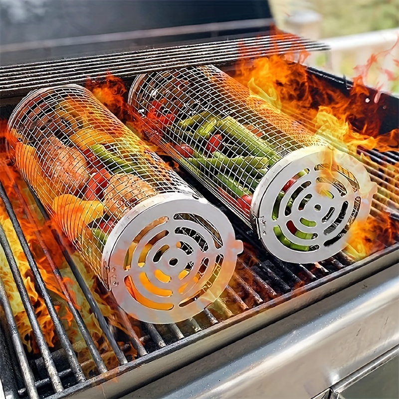 1pc, Stainless Steel Grill Basket, Smoker Cage, Barbecue Cooking Grill  Grate, Portable Barbecue Net, Rotating Drum Barbecue Cage, Barbecue Rack,  Grill