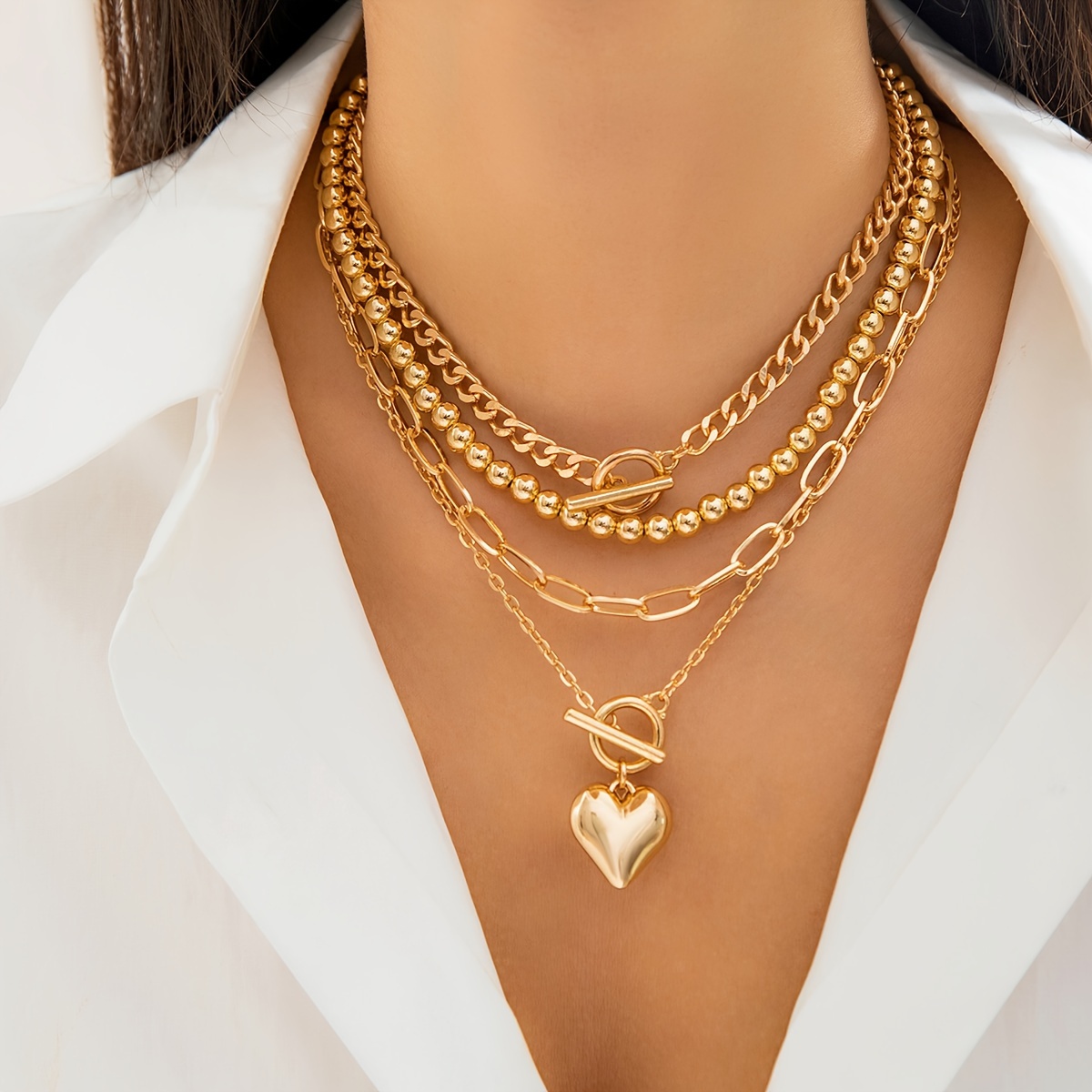 

4pcs/set Boho Beads Geometric Ot Buckle Love Necklace Elegant Luxury Women's Heart Pendant Necklace