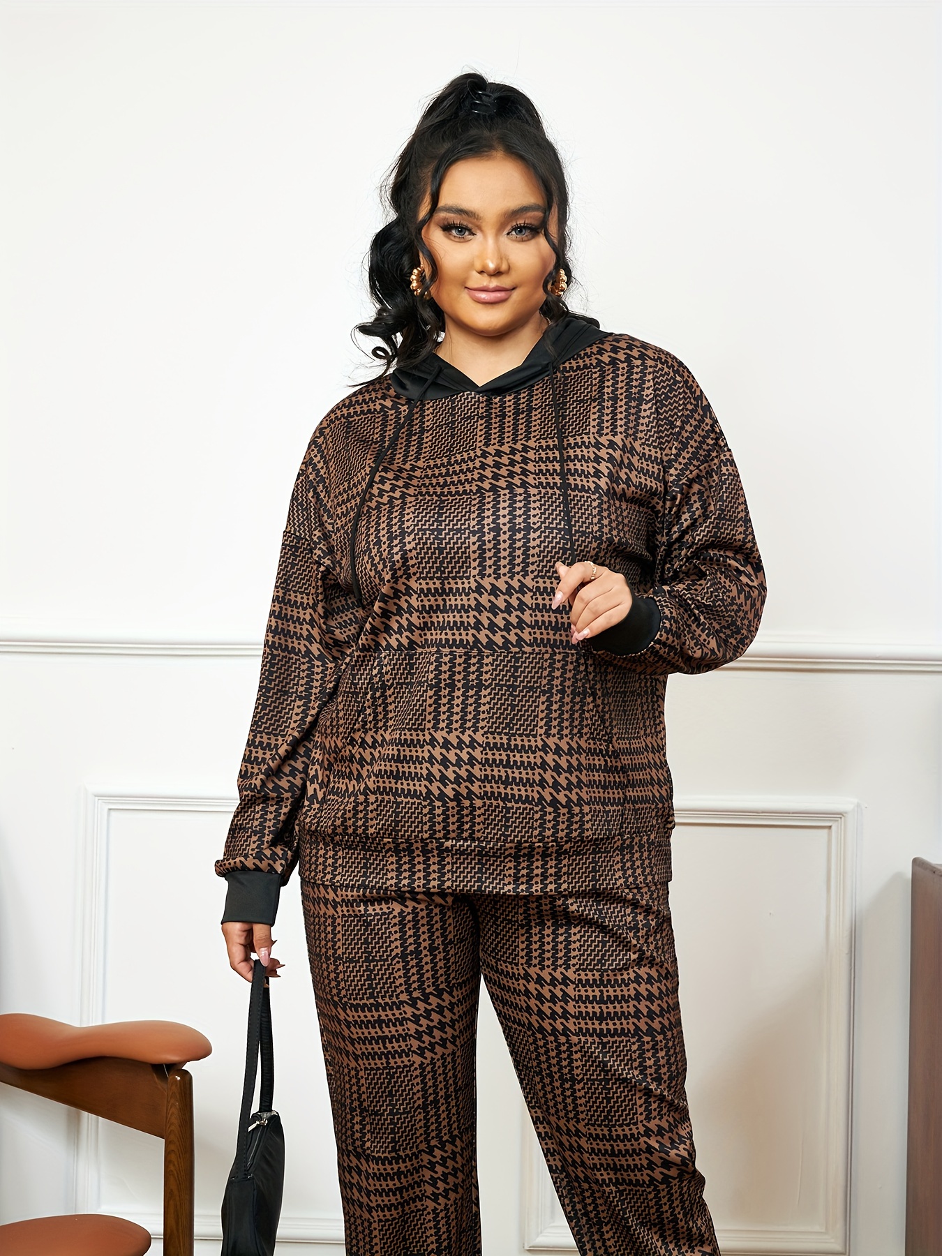 Plus Size Houndstooth Print Two piece Set Long Sleeve Hooded