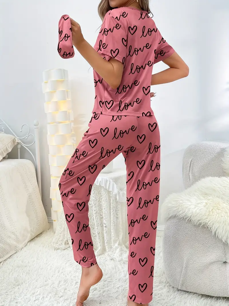 Heart Print Pajamas Set Short Sleeve Crew Neck Top Lounge - Temu