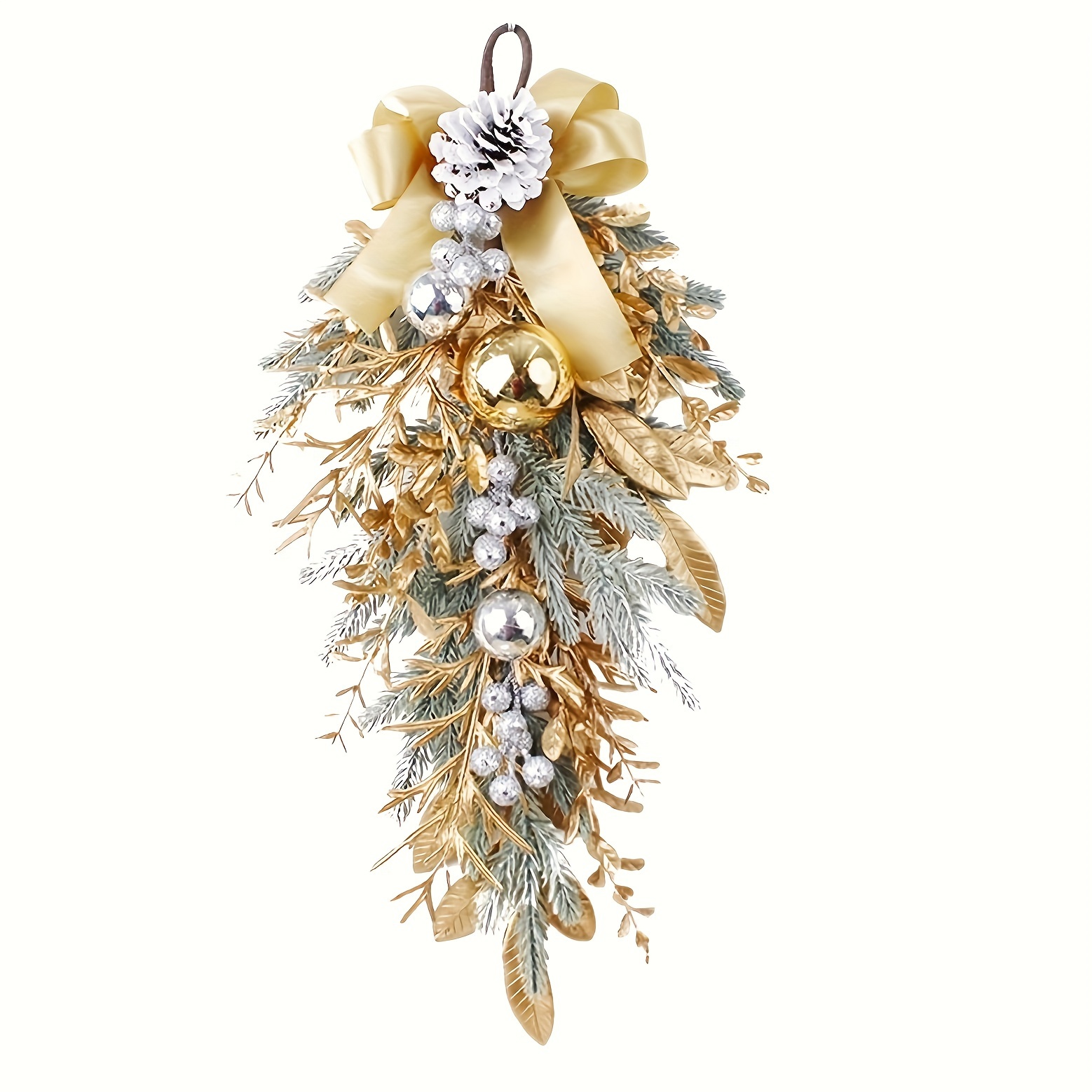 TEMU 1pc Classic Christmas Teardrop With Balls, Pinecones & Silvery Berries - Perfect For Front Door, , And Wall Decor Wreaths,halloween