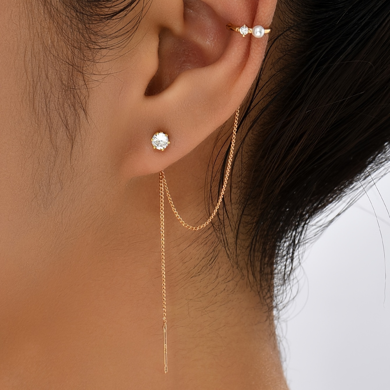 

Long Chain Shiny Zircon Decor Ear Cuff Dangle Earrings Simple Punk Style Copper Jewelry Trendy Female Gift