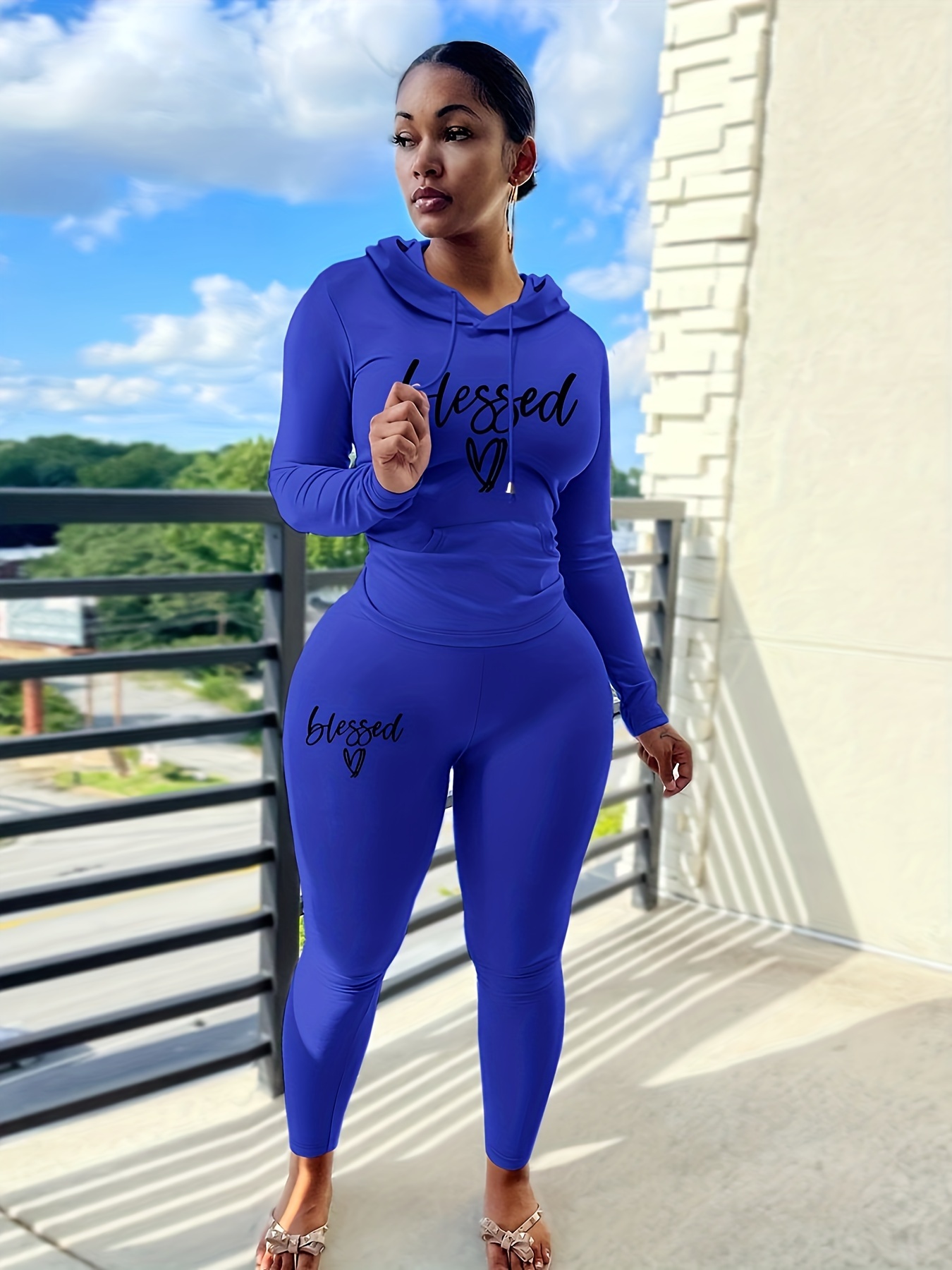 Women's Two Piece Sweat Suit with Hood and Drawstring / Blue