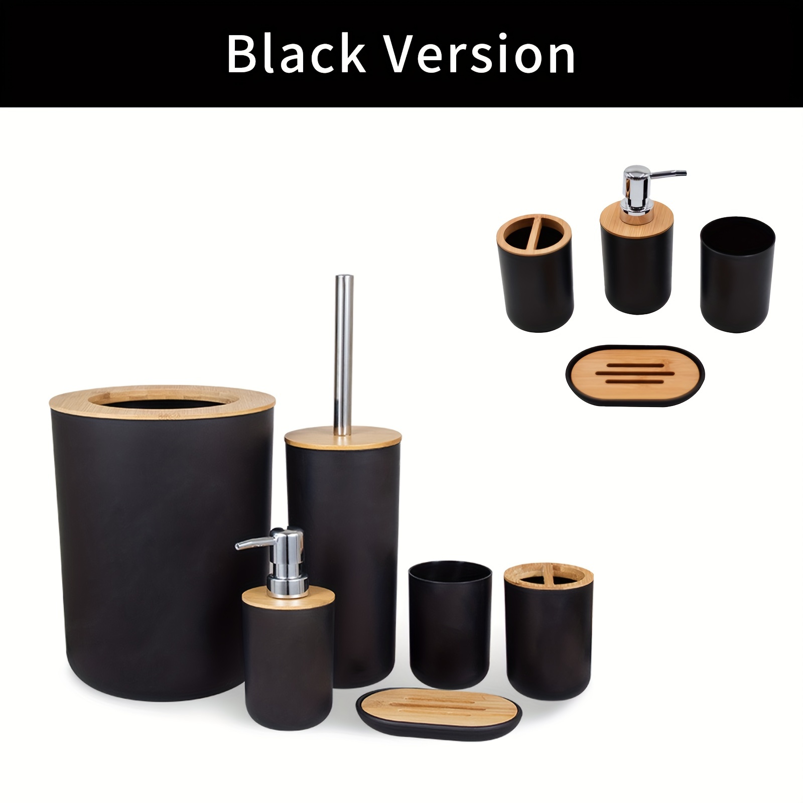 Bathroom Accessories Set, Bamboo And Wood Bathroom Set, Toilet Brush, Trash  Can, Mouthwash Cup, Soap Dispenser, Soap Dish, Toothbrush Holder, Bathroom  Supplies, Bathroom Accessories Set - Temu