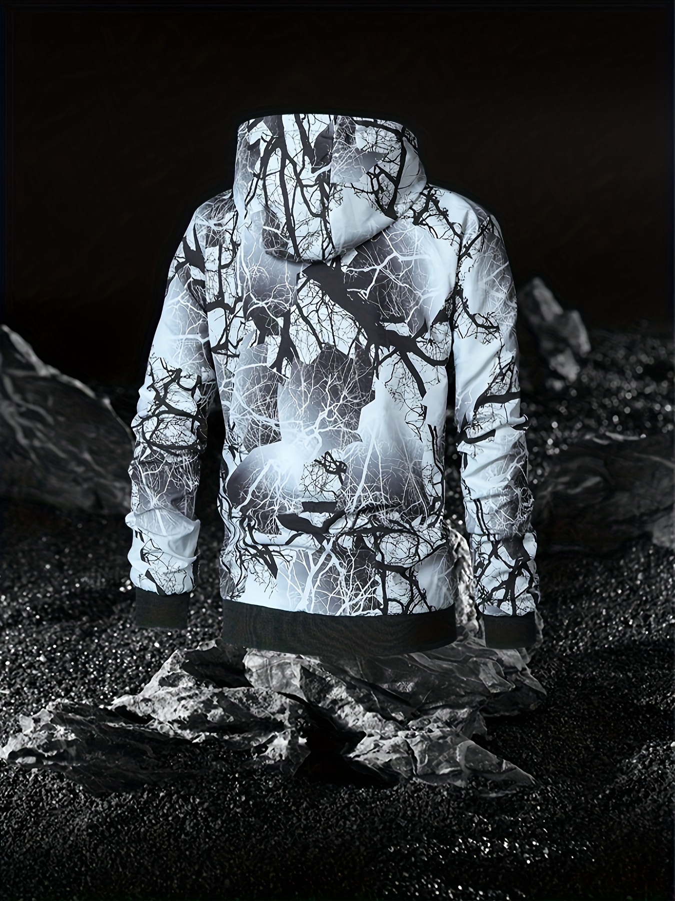 Men's Branch Print Detachable Hooded Jacket, Casual Reversible Windbreaker  Jacket For Fall Winter Outdoor Activities