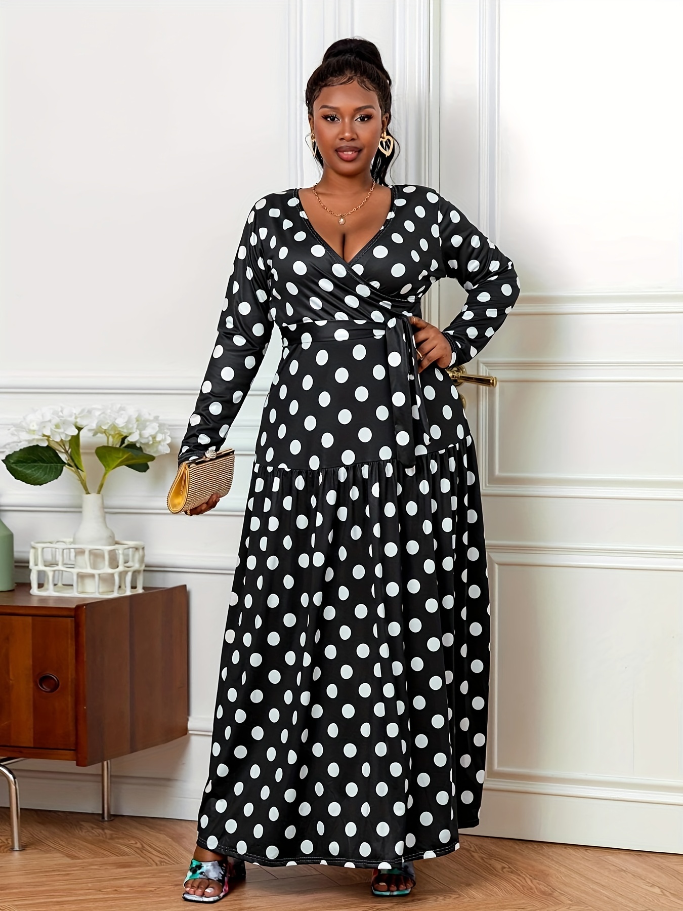 Plus Size Women's Dotted Print Waist-Cinching Dress