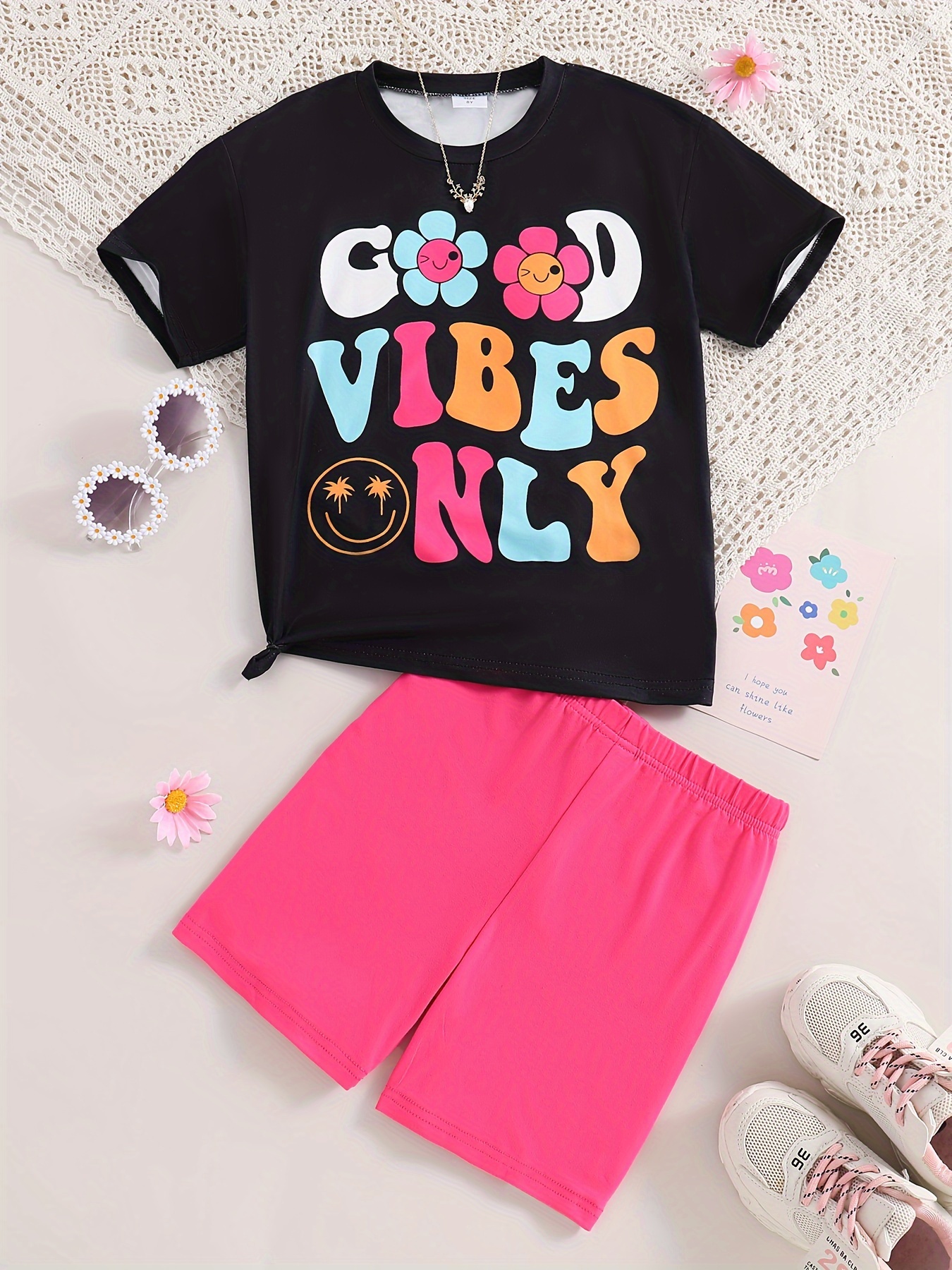 Colorful Portrait Print T-shirt And Leggings Set For Girls
