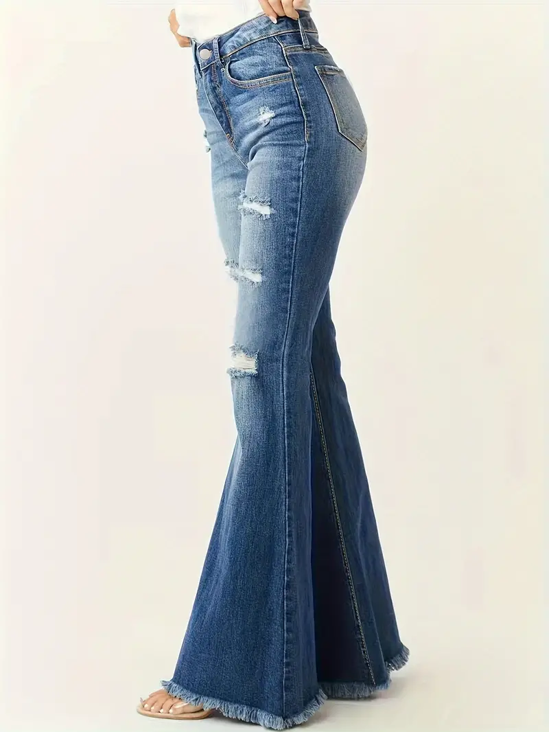 Ripped Hole Bell Bottom Jeans Trim High stretch Slim - Temu Canada
