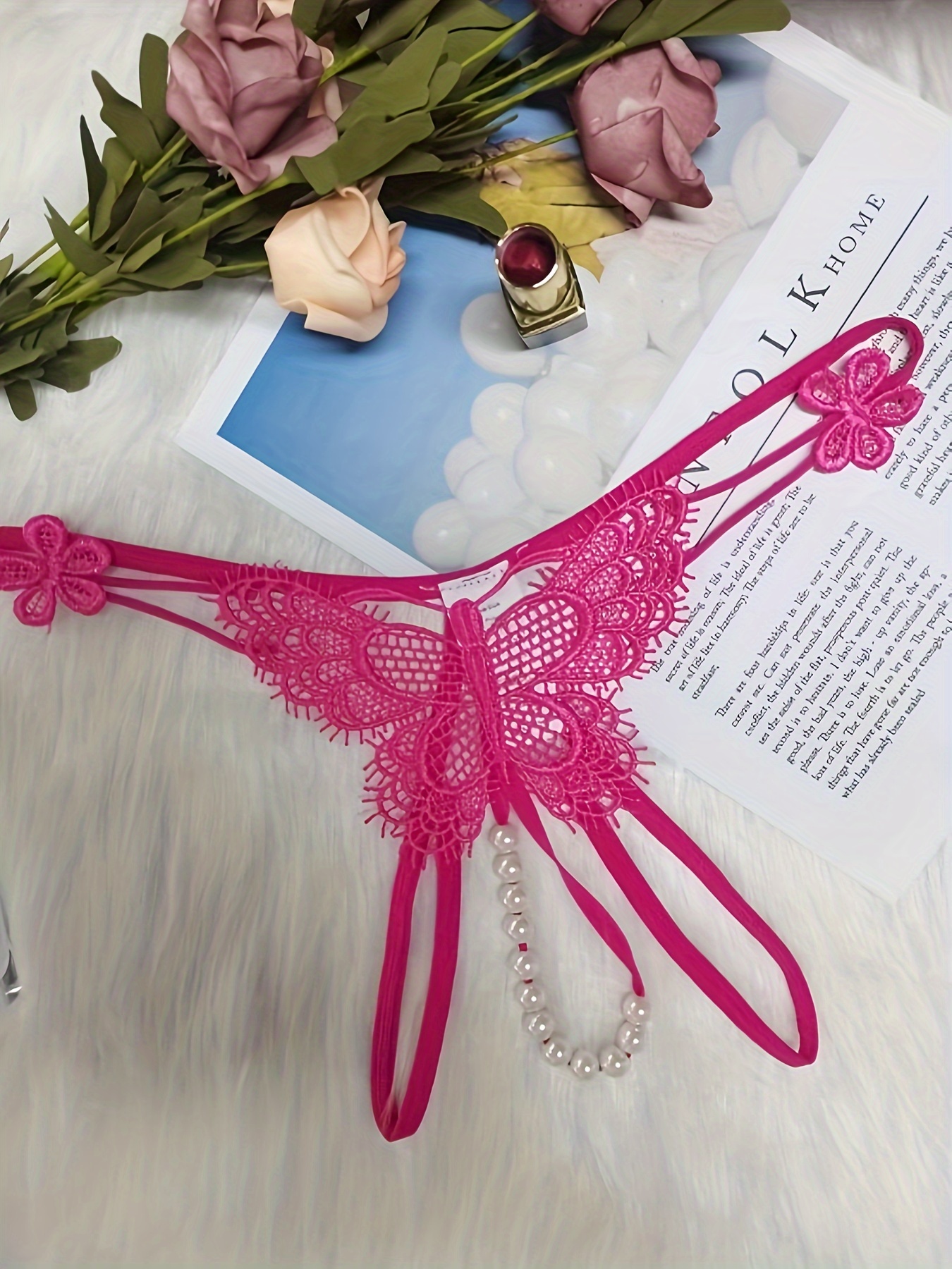 Women Lingerie Butterfly Pearl Briefs Underwear G-String Low Waist Thong  Panties