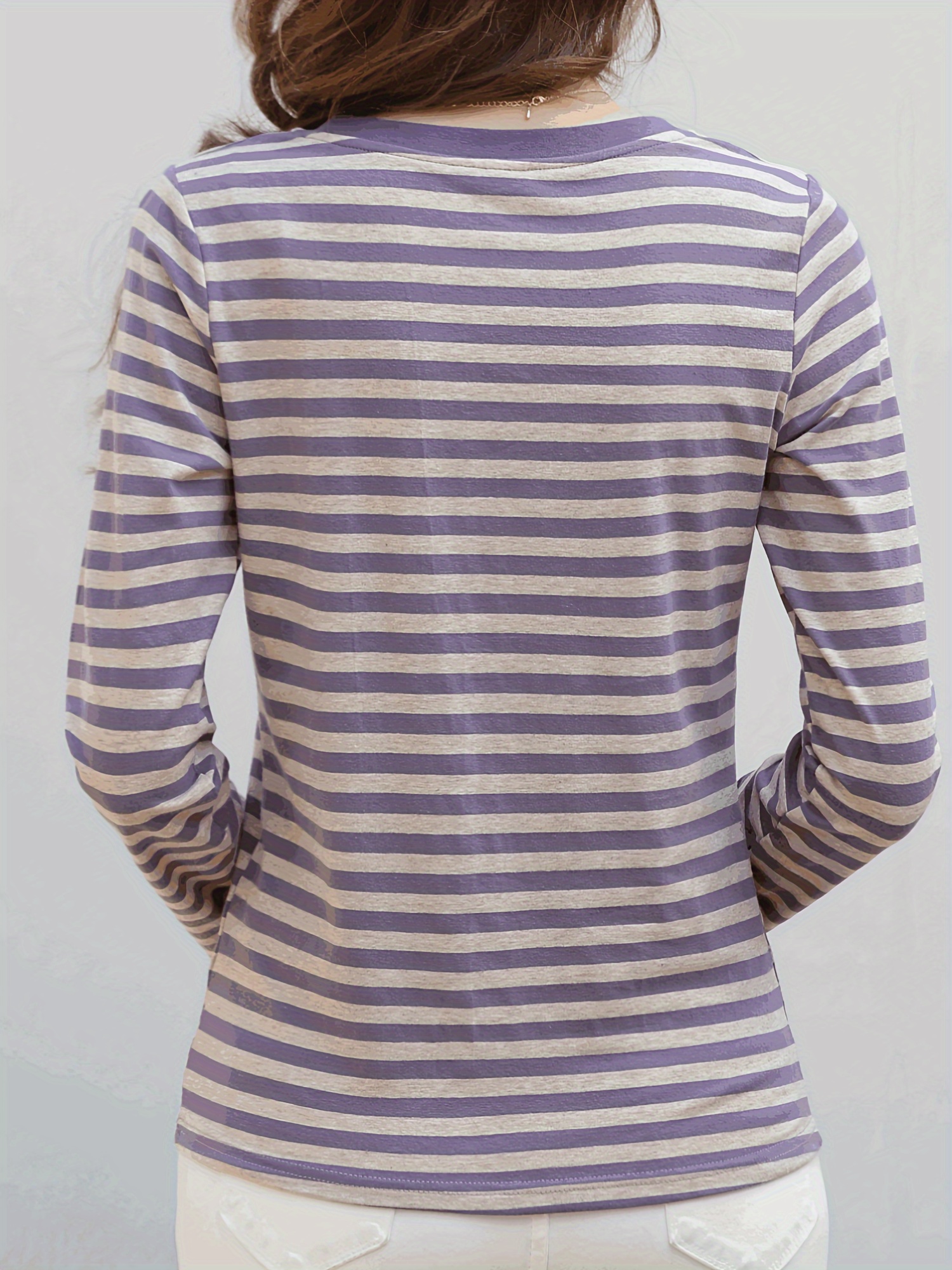 striped long sleeve t shirt v neck casual top for spring fall womens clothing purple 4