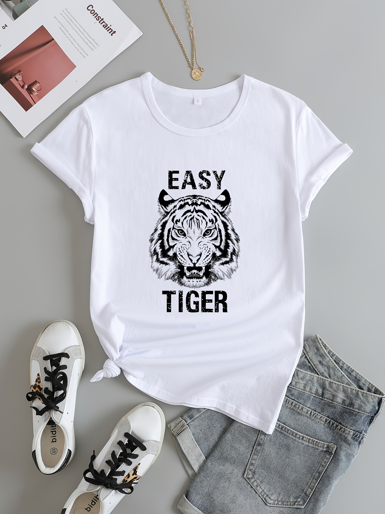 Plus Size Men's Creative Jewel Tiger Graphic T-shirt For Summer, Stretchy  Comfy Fabric Clothing - Temu South Korea