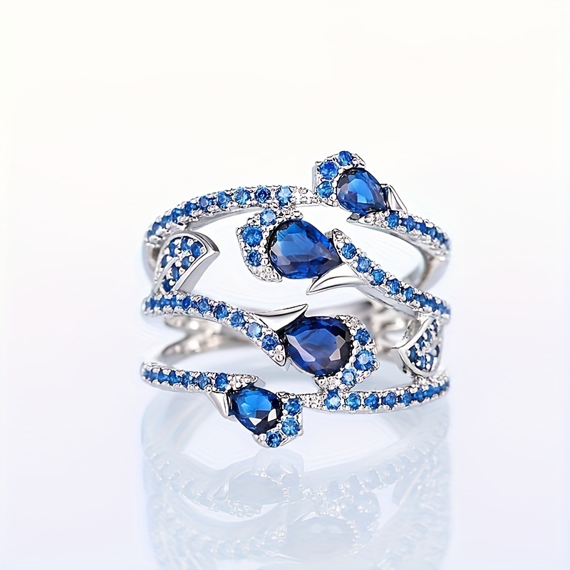 Chic Ring Multi Layer Design Blue Gemstone Match Daily Outfits Party Accessory Perfect Gift For