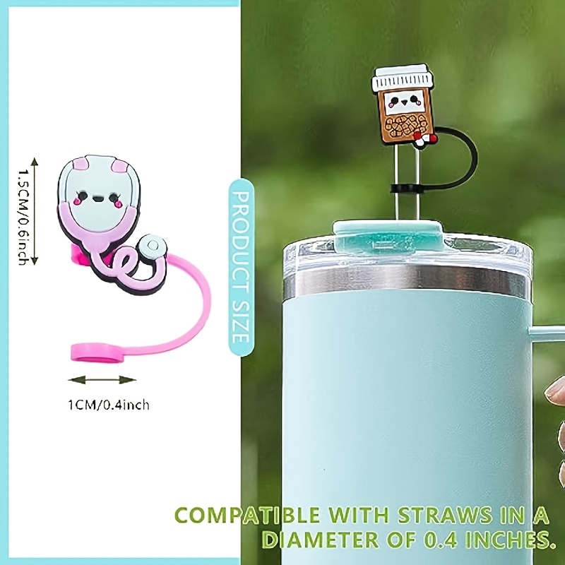 10pcs 1cm/0.4in Cartoon Nursing Theme Straw Covers, Reusable Dustproof  Silicone Straw Cap, Cup Accessories