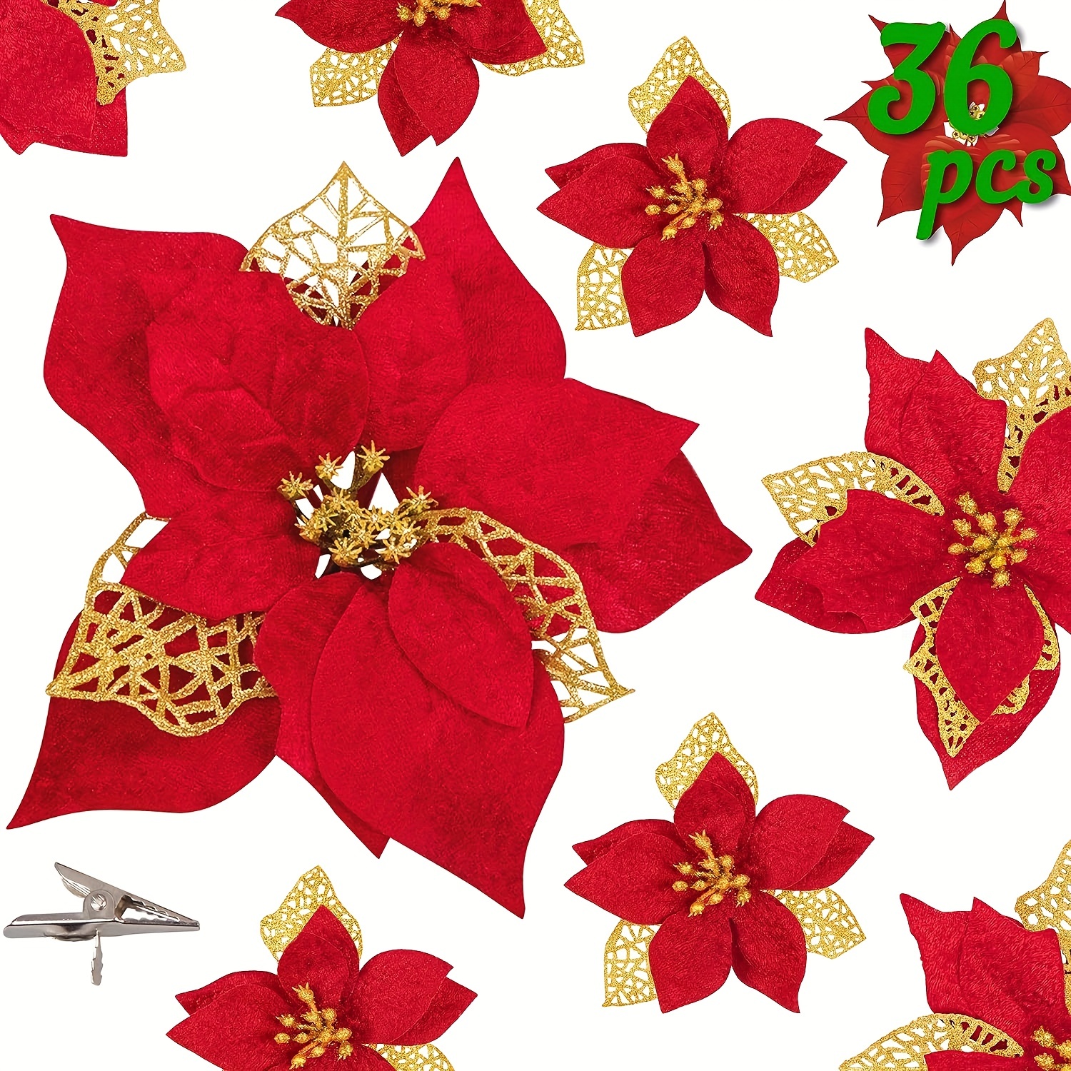 Christmas Tree Decorations Ornaments - Poinsettia Flowers Artificial  Glitter Red And Gold Xmas Ornaments With Clips - Temu Cyprus