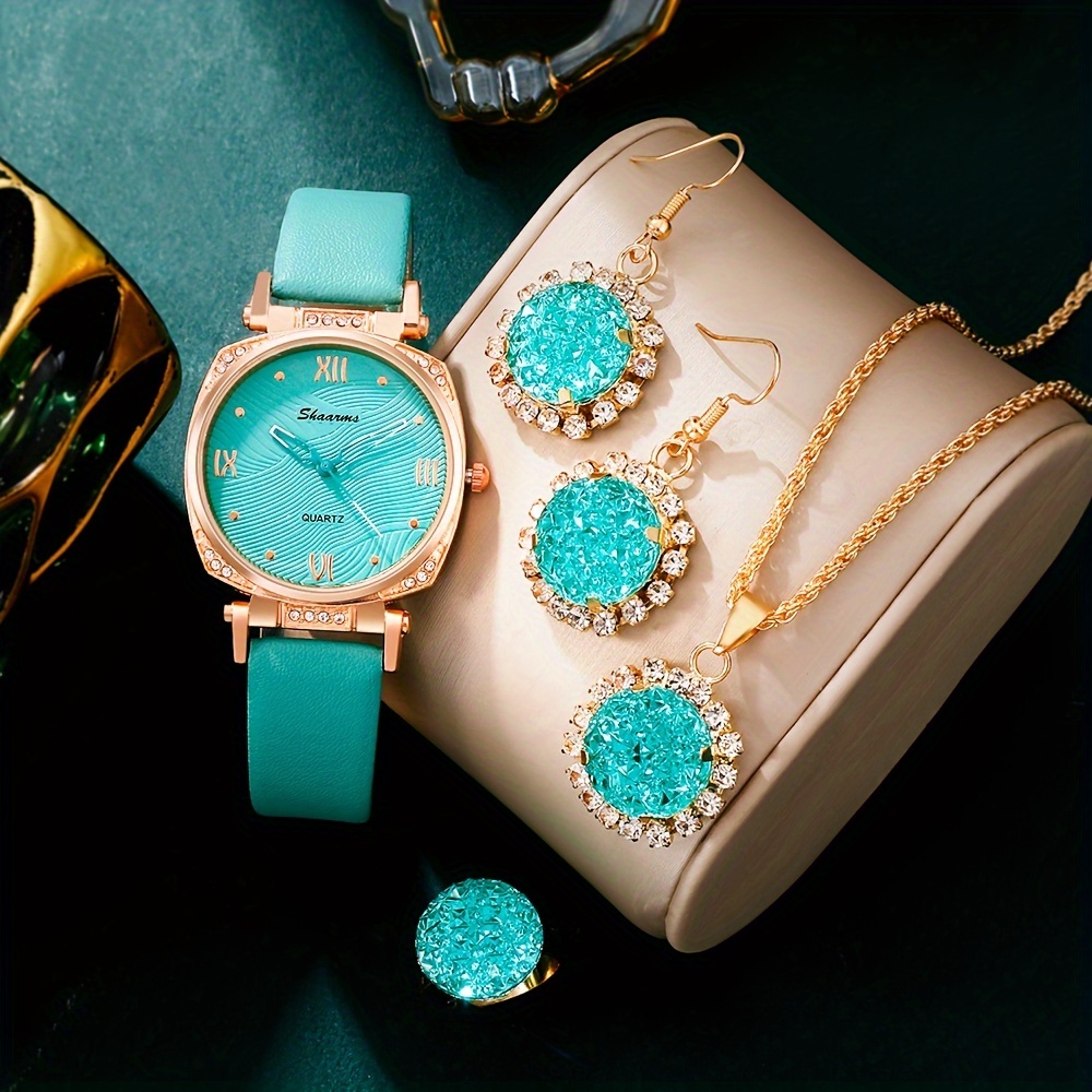 

5pcs/set Women's Watch Textured Fashion Quartz Watch Elegant Rhinestone Analog Wrist Watch & Jewelry Set, Gift For Mom Her