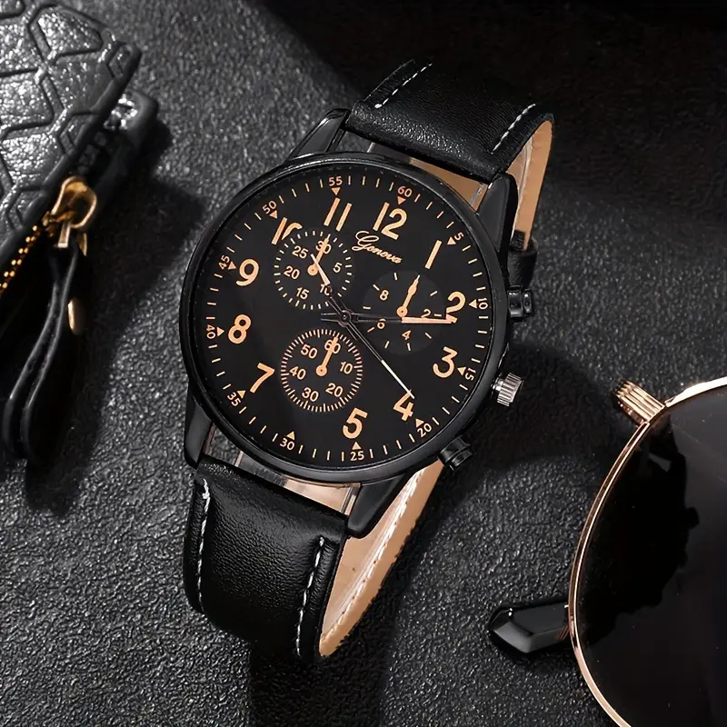 Men's Black Quartz Watch & Bracelet - Temu