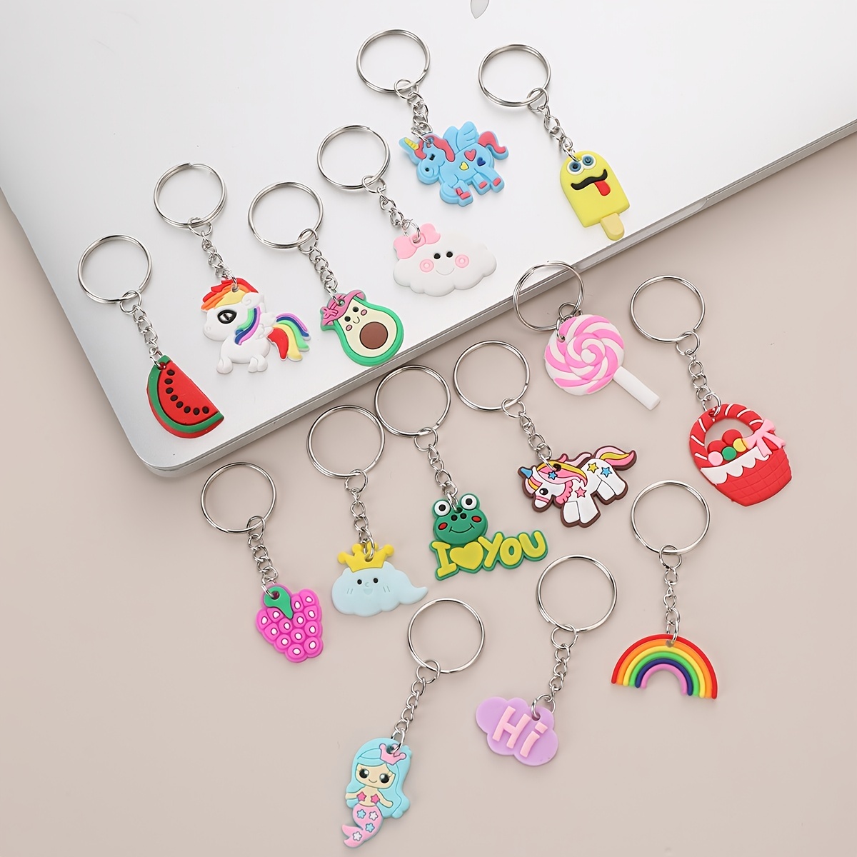 65 PCS Cartoon Keychains for Kids Party Favors Bulk Key Chain with Video  Game, Ball, Guitar, Dinosaur, Donut, Glow-in-the-dark Unicorn Keychains