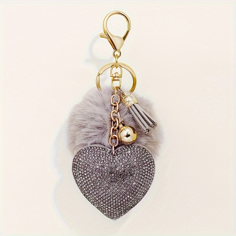 BlingPink USA Adorable Heart Purse Bag Bling Rhinestone Keychain Keyring with Rope Strap and Pom Pom Ball Faux Fur Ball for Car Key