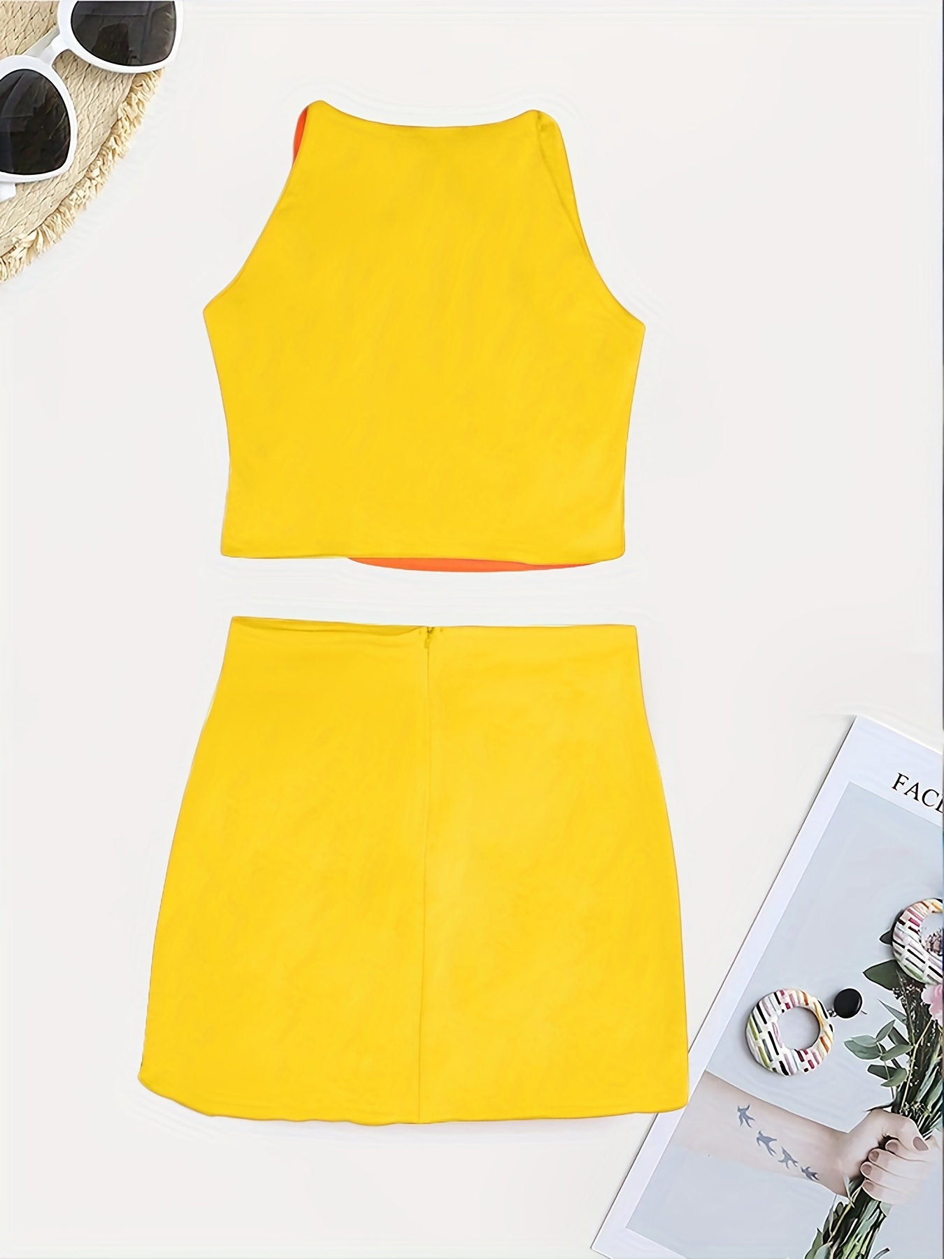 Beaded Block Crop Halter Top & Asymmetrical High Waist Skirt Set
