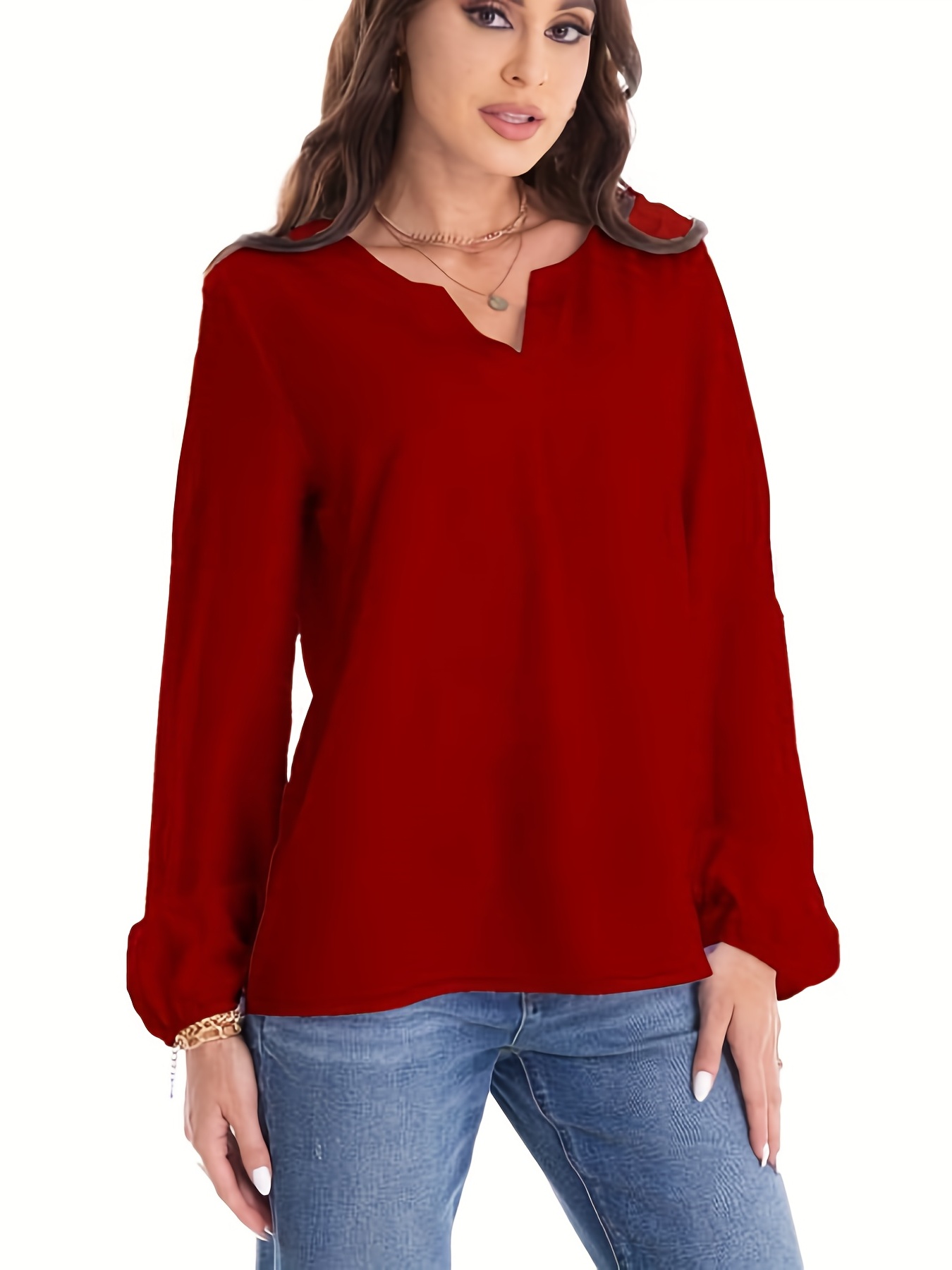 Solid Notched Neck Blouse, Casual Long Sleeve Blouse For Spring & Fall,  Women's Clothing