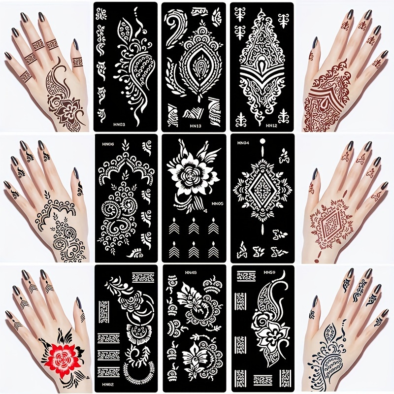 12Pcs/Set Henna Stencil Temporary Hand Tattoo Glitter Tattoo Stencils Body  Art Sticker Template Wedding Tool Tattoo Supplies