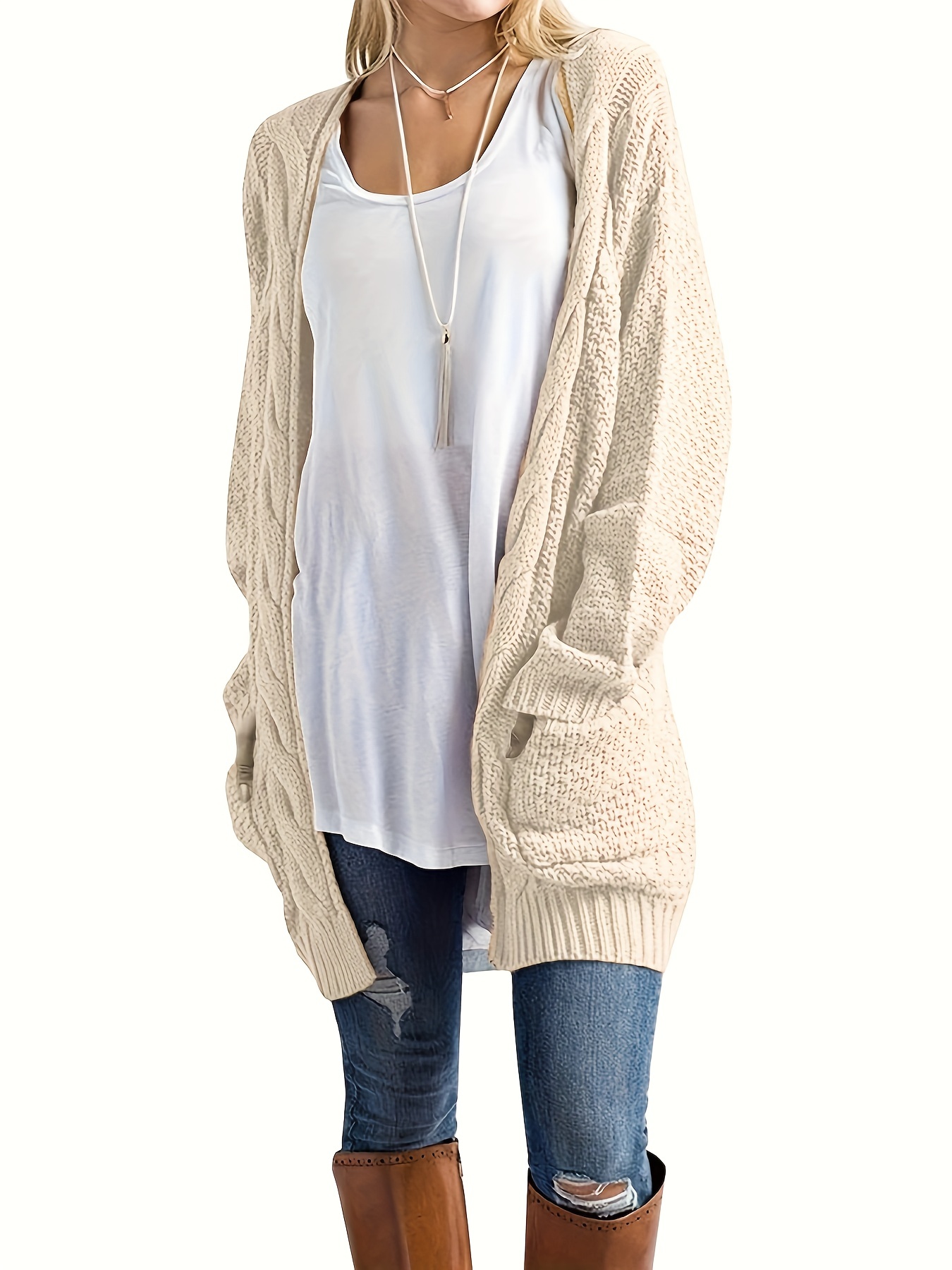 Open Front Chunky Knit Cable Cardigan, Vintage Long Sleeve Pocket Sweater  For Fall & Winter, Women's Clothing
